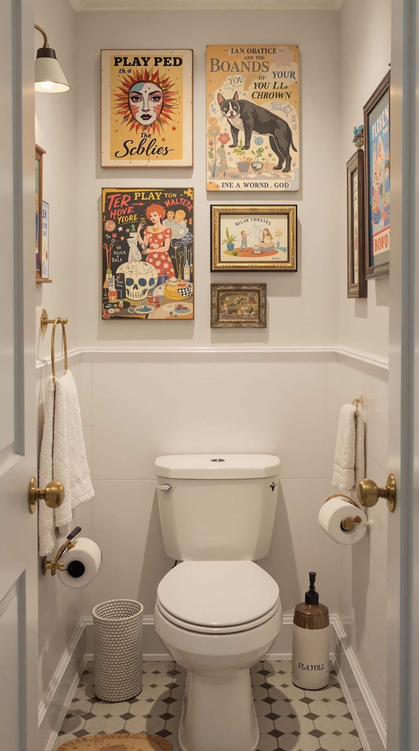Colorful wall decor in a stylish small bathroom with eclectic posters and illustrations.