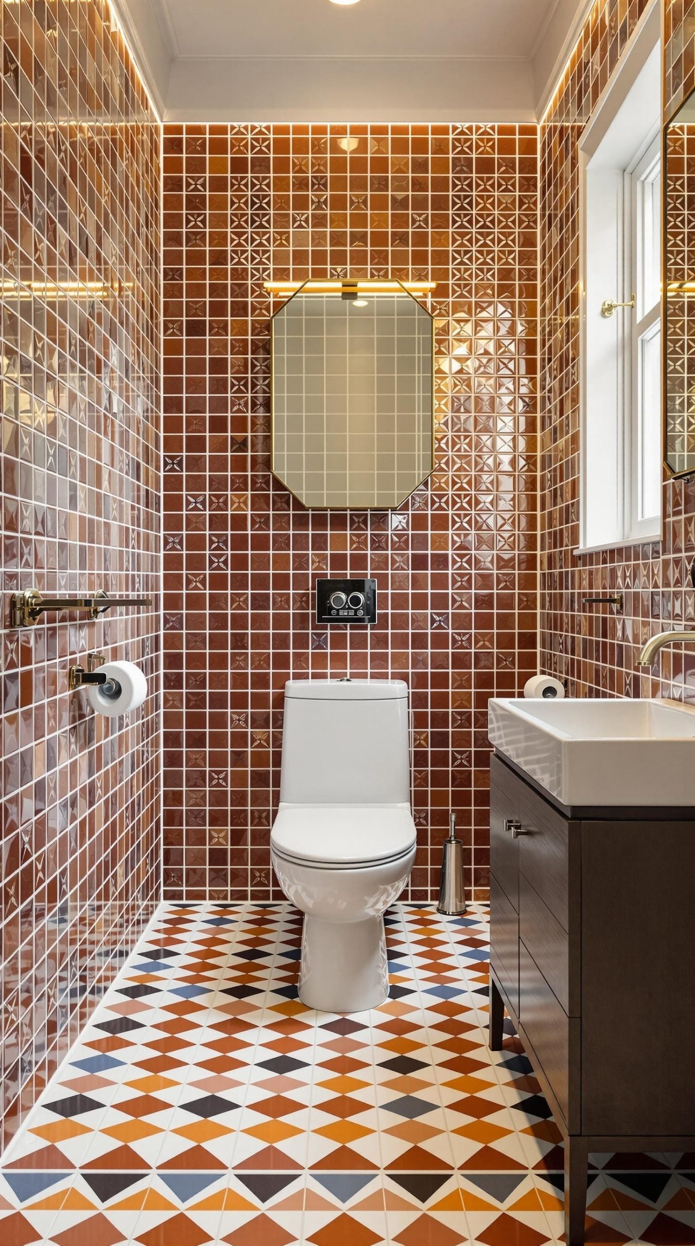 Stylish bathroom featuring bold tile patterns on walls and floor.
