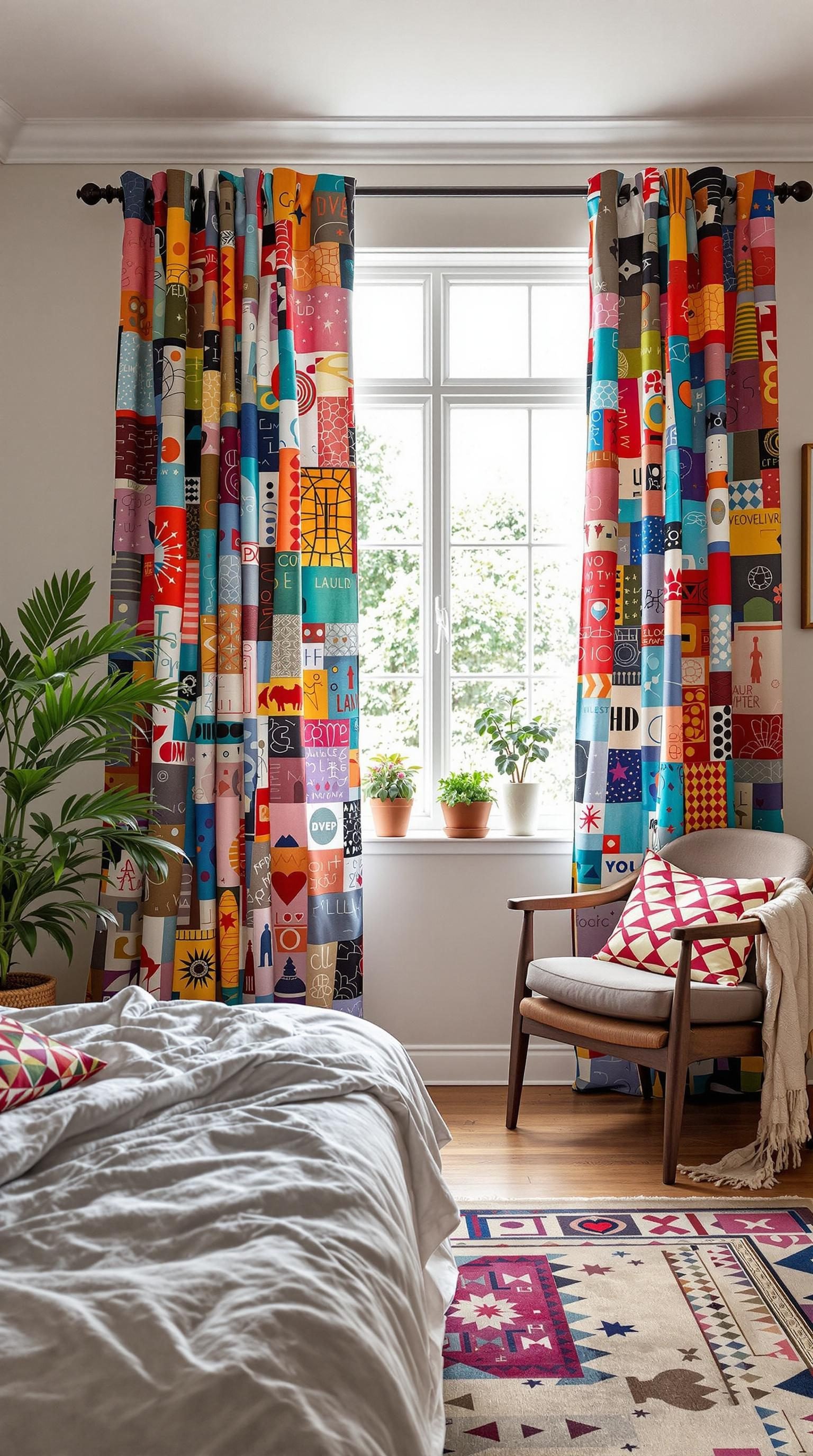 Colorful patchwork curtains hanging by a window in a cozy bedroom, featuring vibrant patterns and hues.