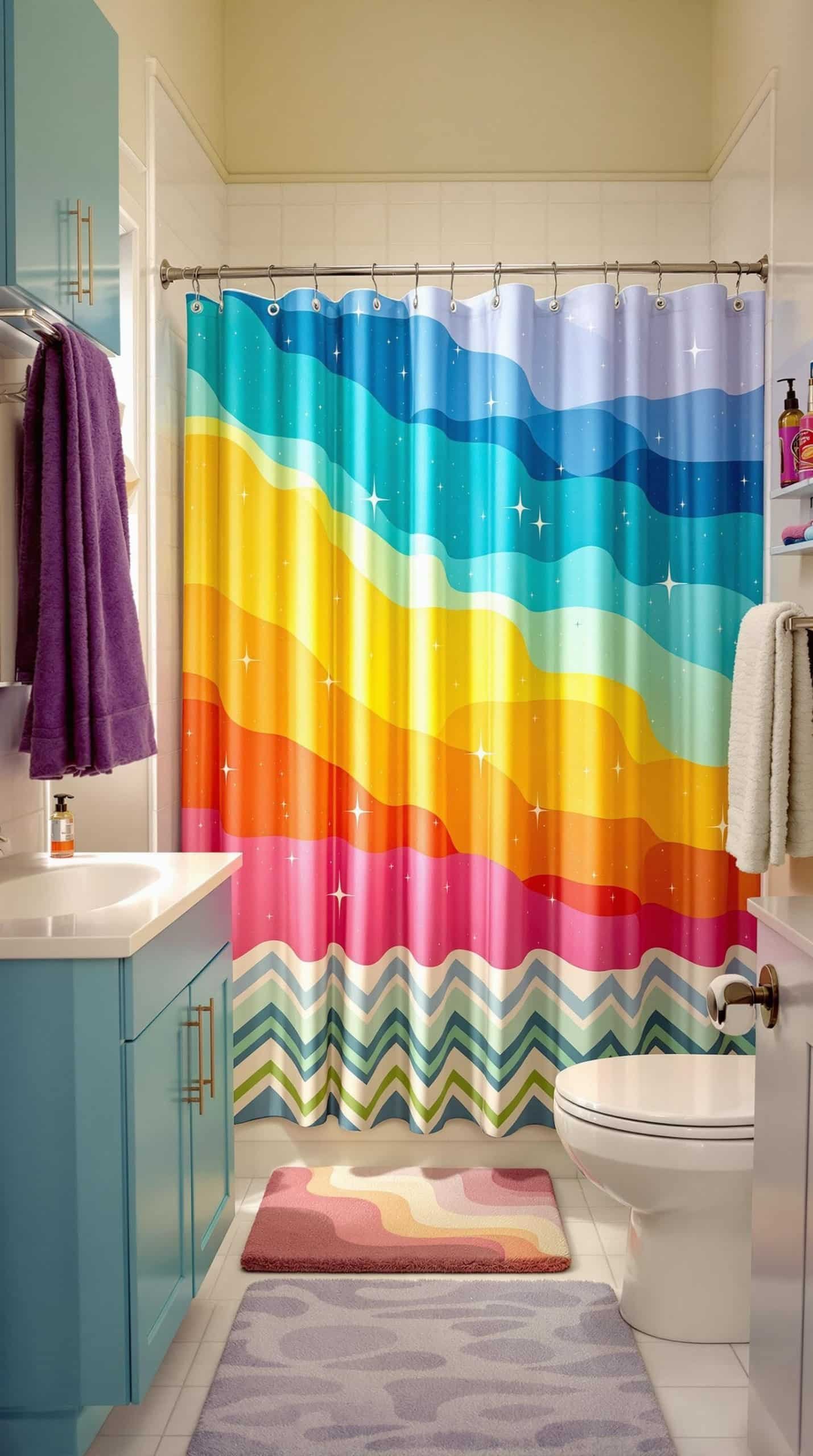 A colorful shower curtain with vibrant waves of blue, yellow, and pink in a small bathroom setting.