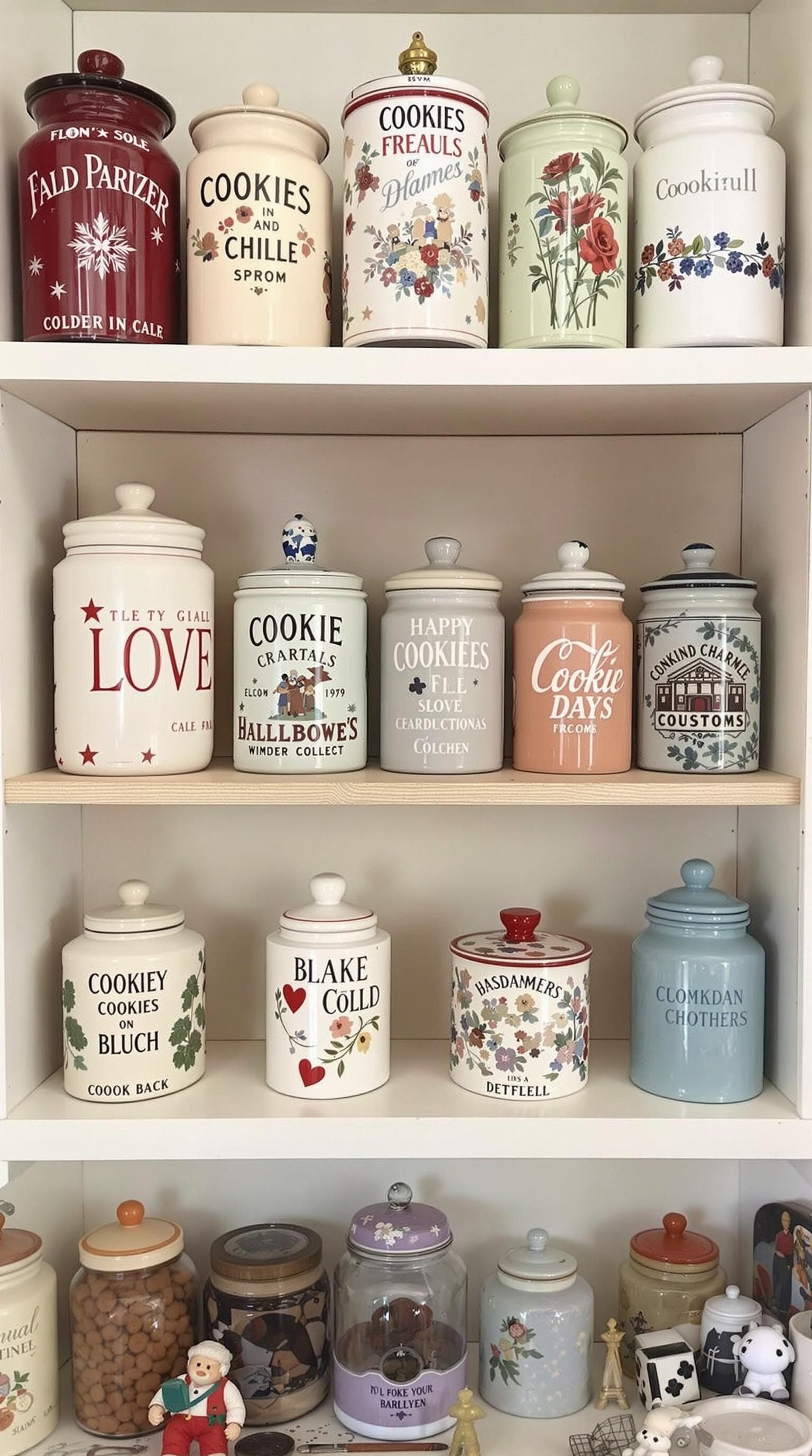 A collection of decorative vintage cookie jars displayed on shelves.