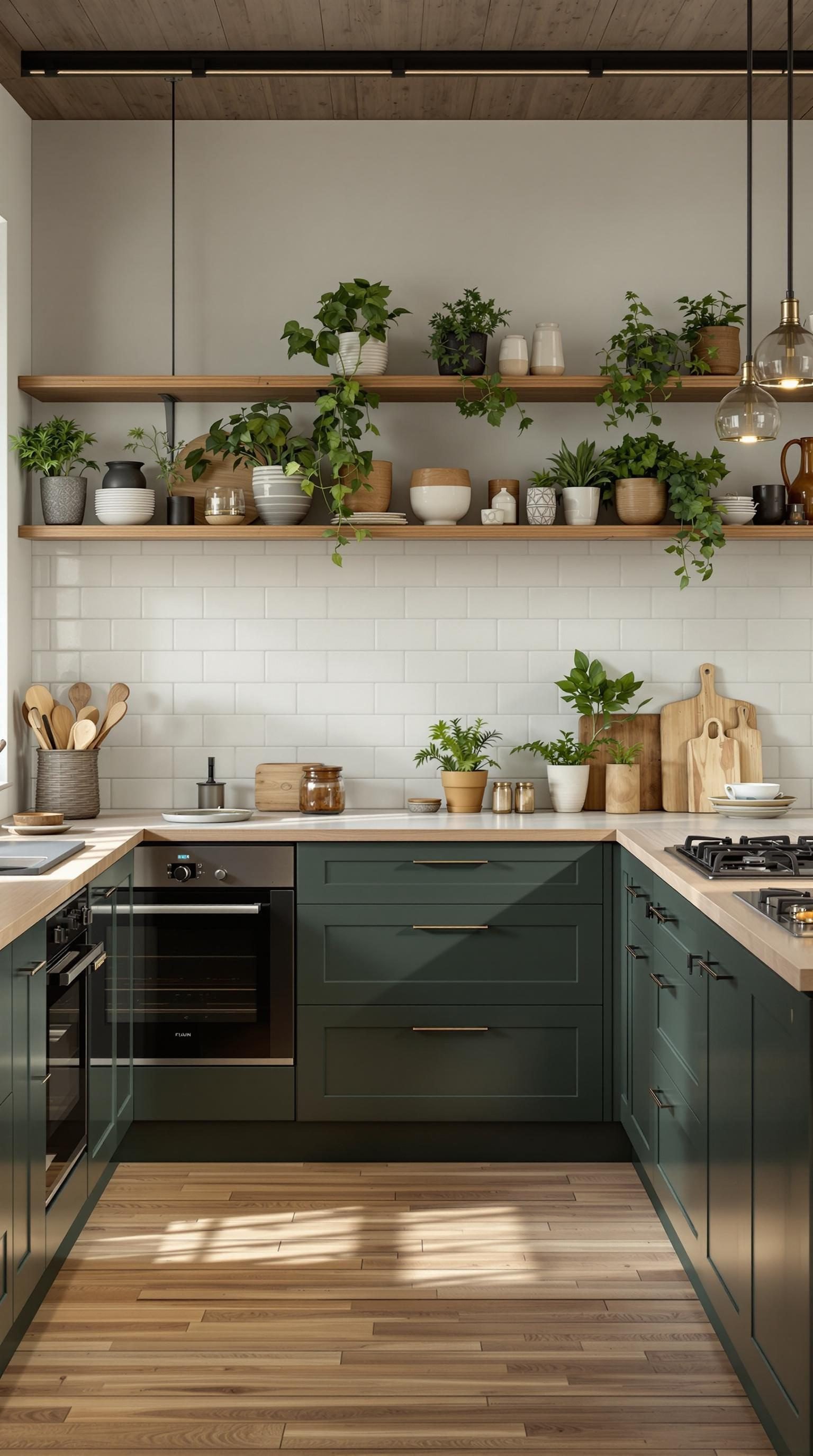 A modern kitchen with earthy green cabinets and wooden shelves filled with plants.