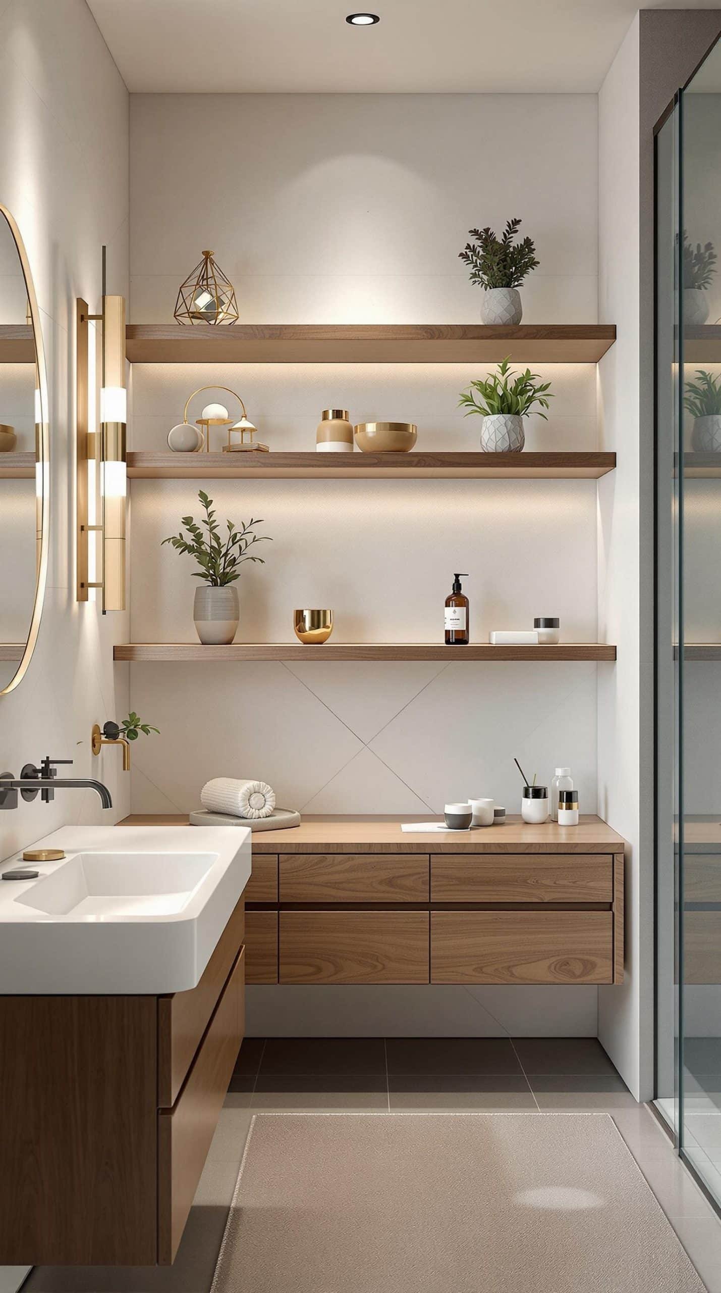 Modern bathroom with floating shelves displaying plants and decorative items