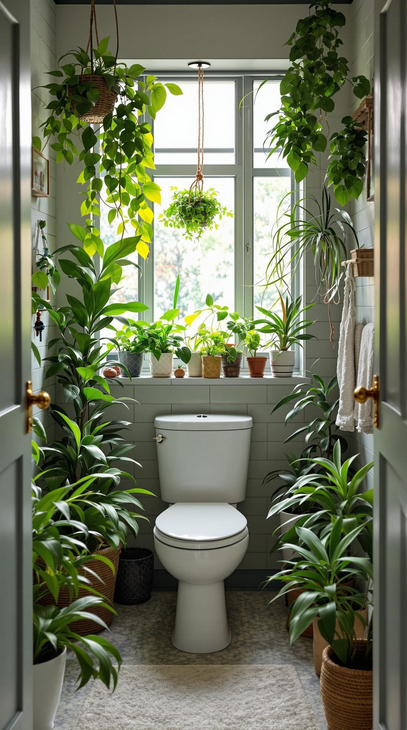 A stylish small bathroom filled with indoor plants, featuring hanging plants and potted greenery by the window.