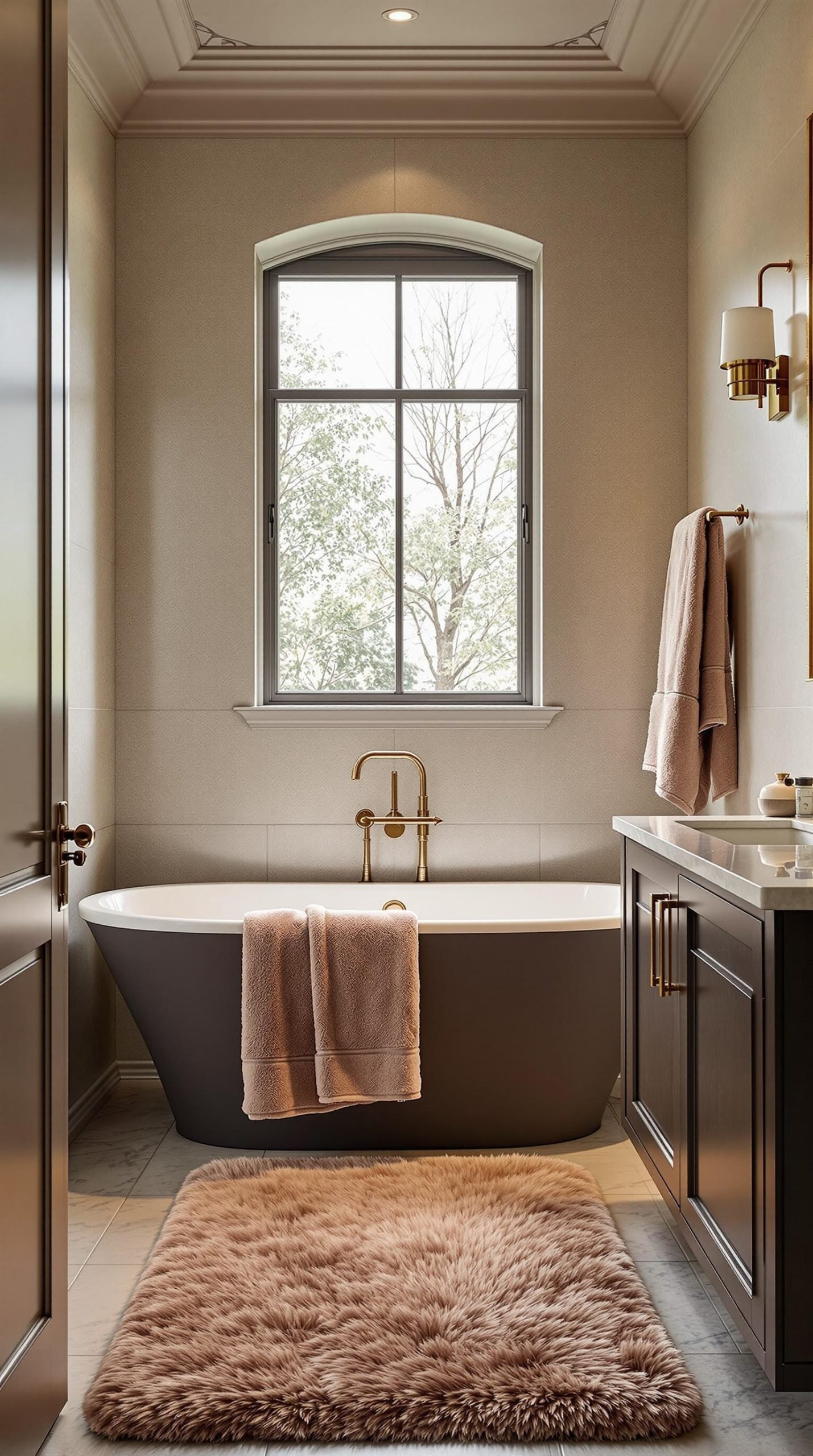 A stylish small bathroom with a freestanding tub, plush rug, and elegant fixtures.
