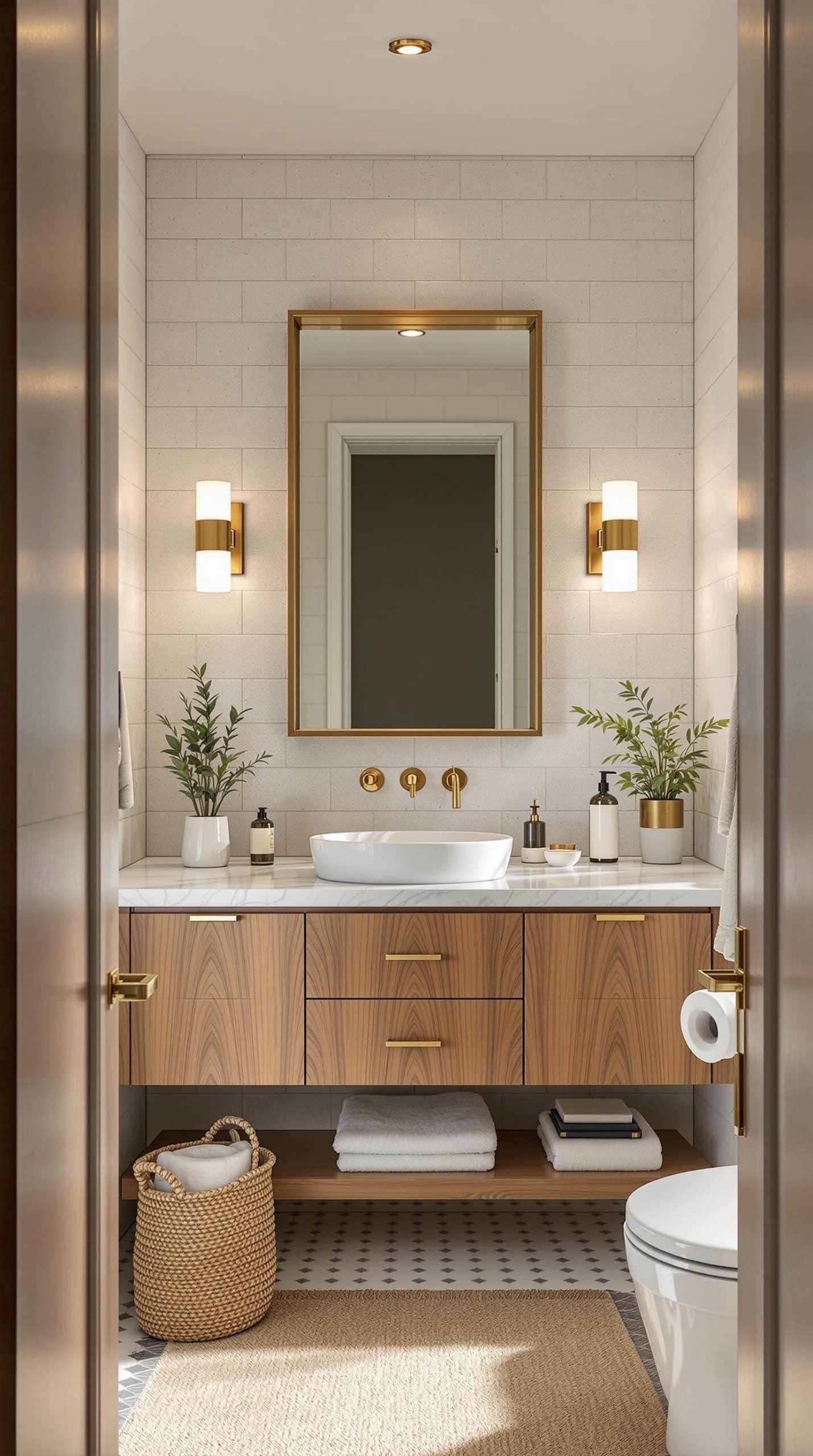 Stylish small bathroom with natural light and large mirror