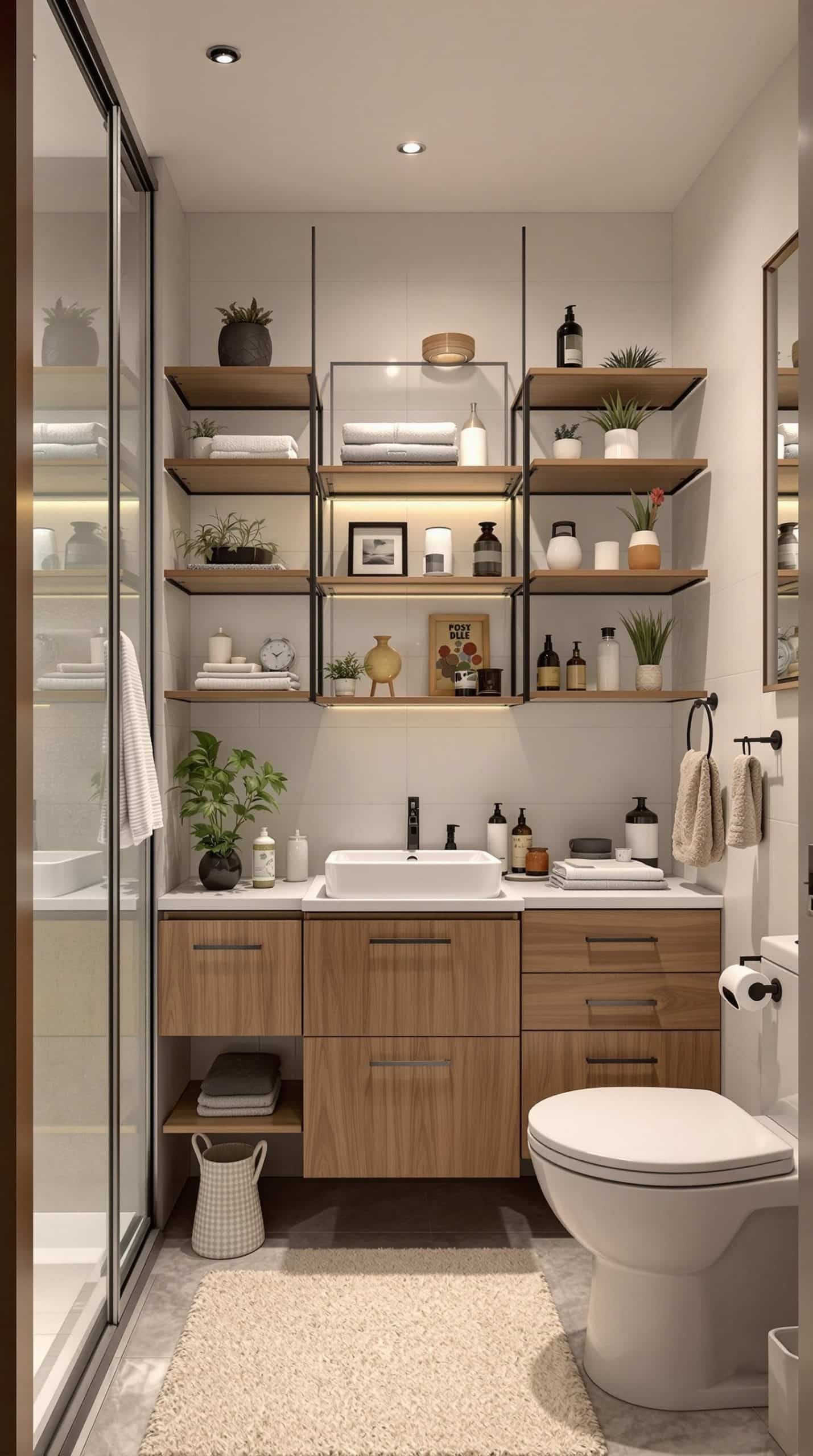 Stylish small bathroom with open shelving displaying towels and decorative items.