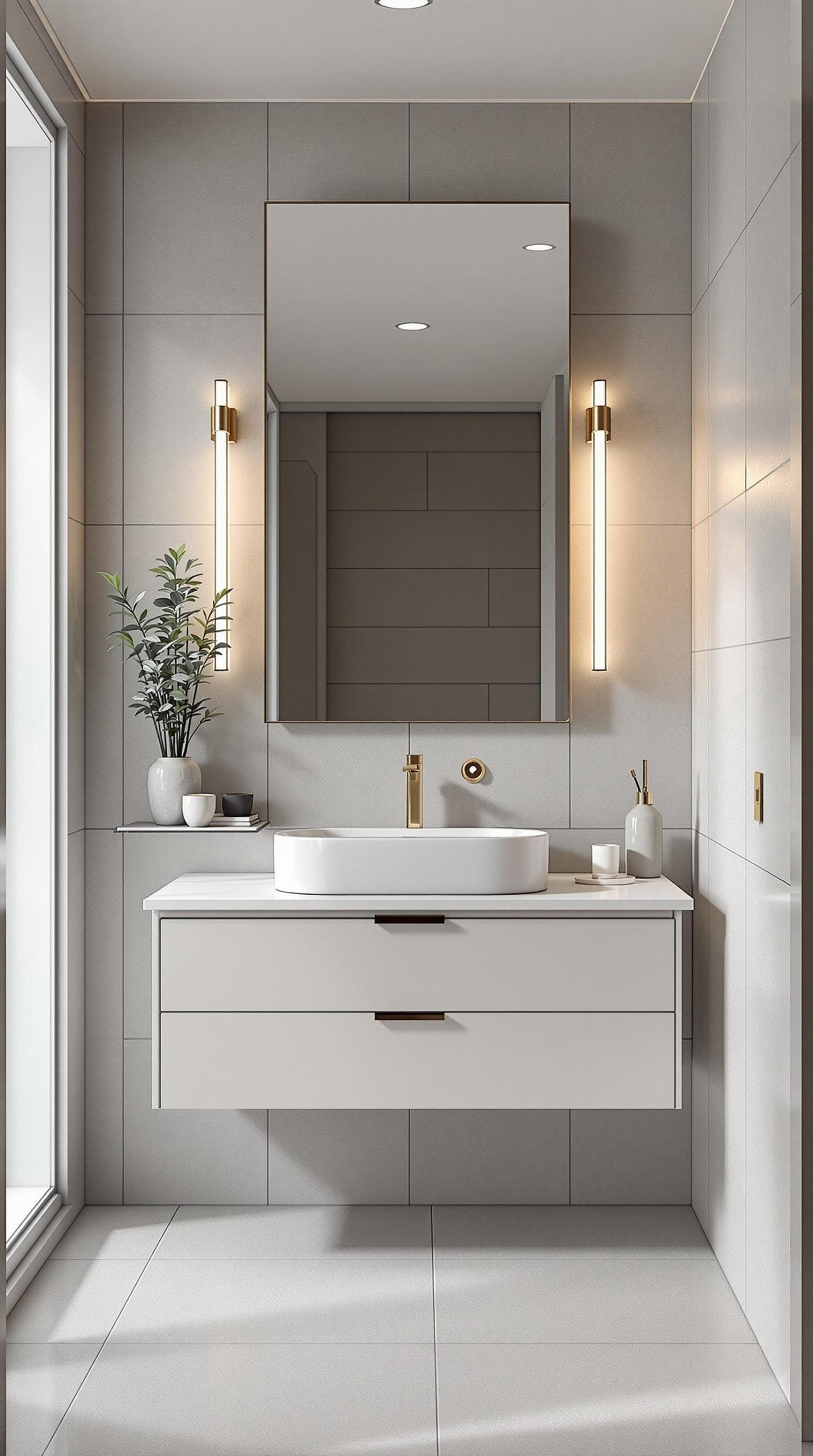 A sleek minimalist bathroom with gray tiles, a floating vanity, and modern lighting.