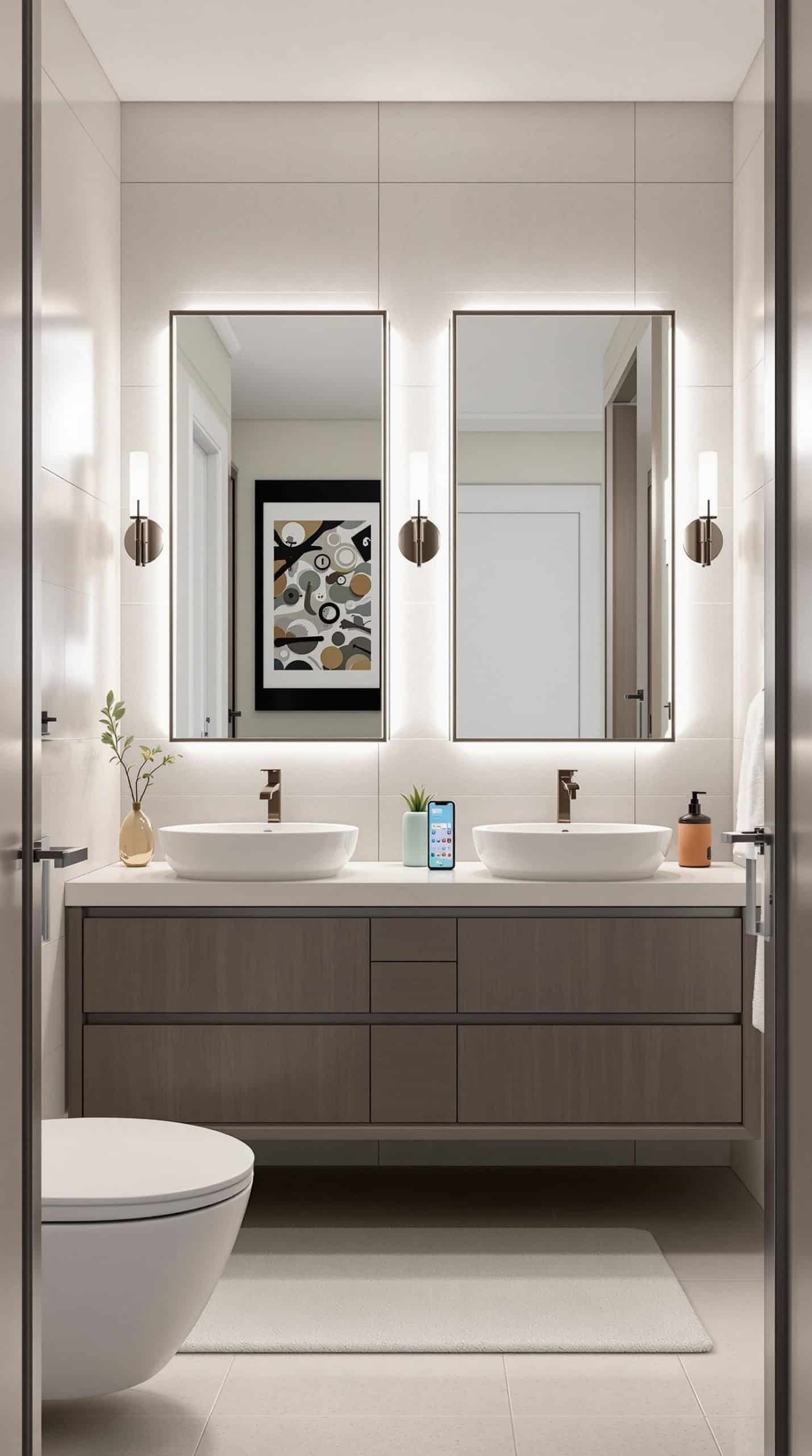 Modern bathroom featuring stylish smart mirrors with integrated lighting and phone display.