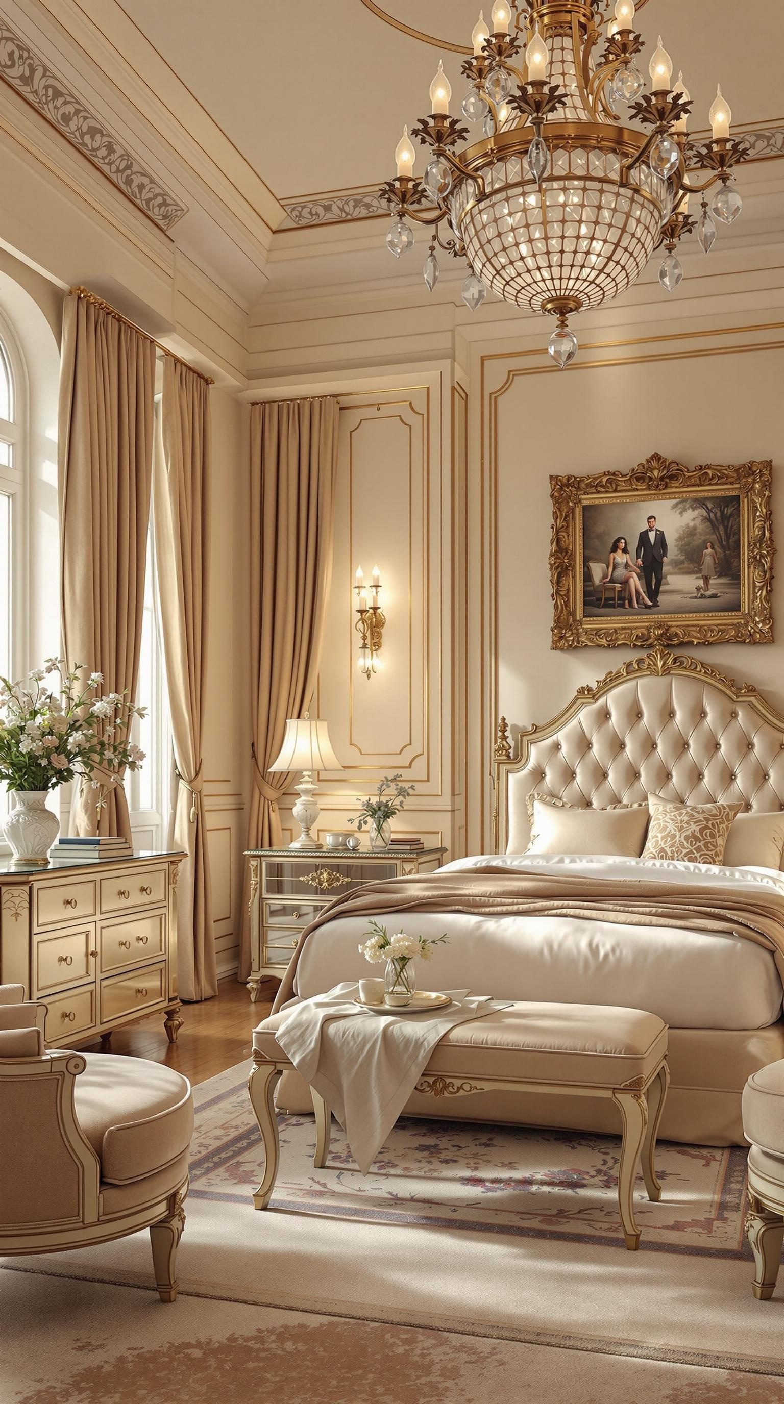 A luxurious beige bedroom featuring elegant furniture, a chandelier, and soft decor.