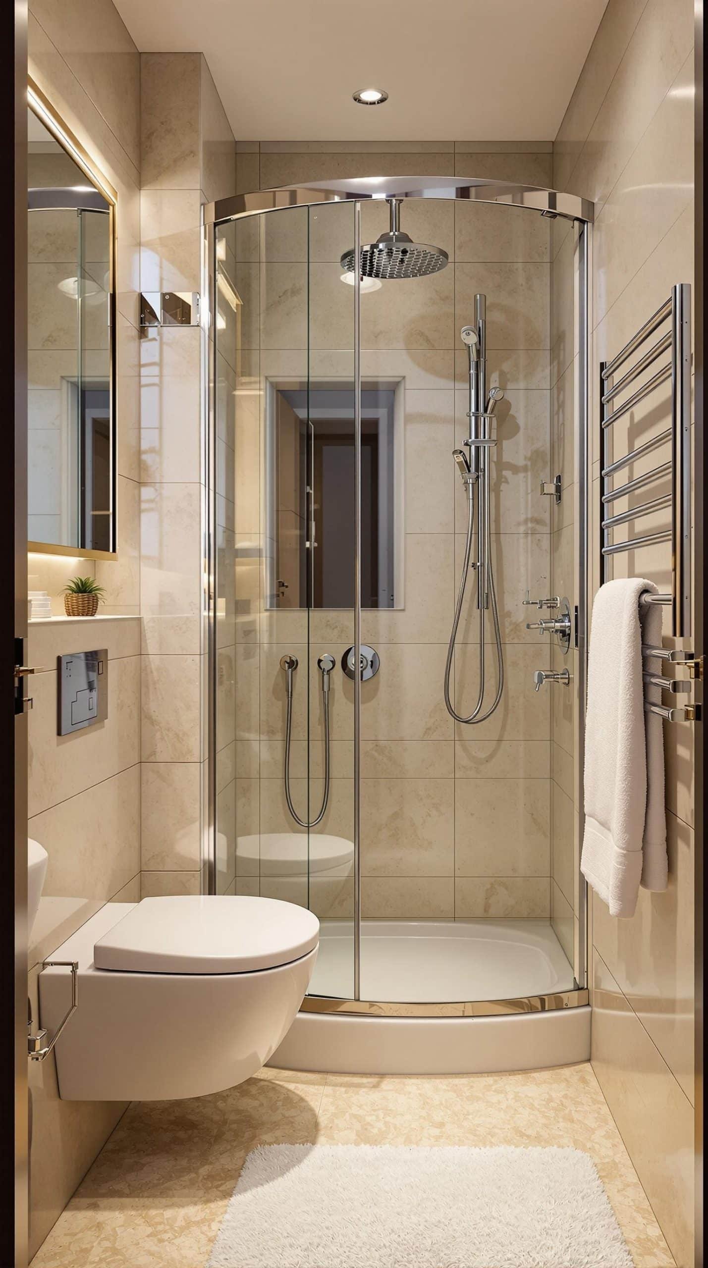 A stylish small bathroom with a glass-enclosed shower, modern toilet, and neutral decor.