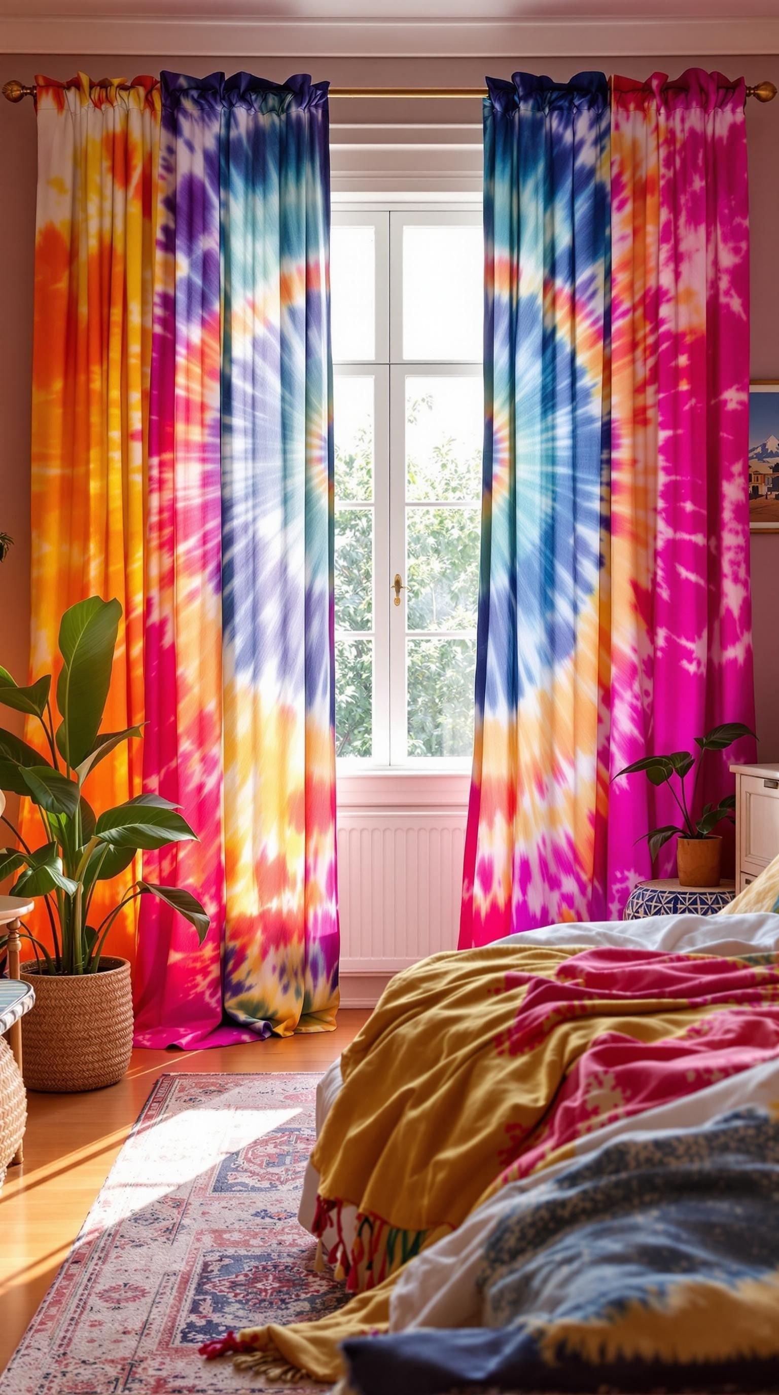 Bright tie-dye drapes in a colorful bedroom setting