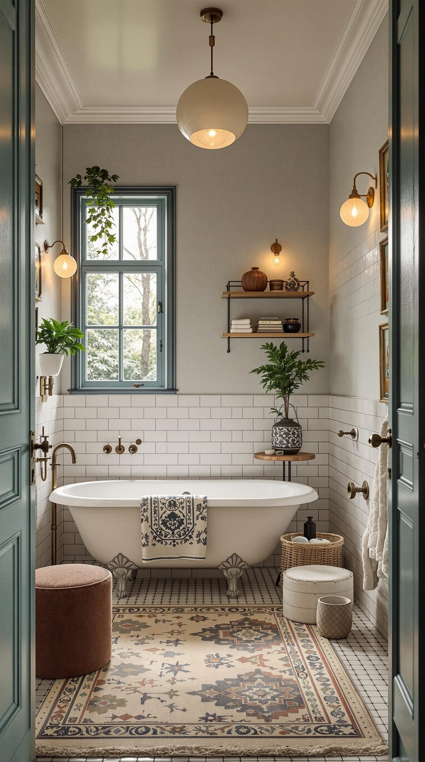 A stylish small bathroom featuring a freestanding tub, vintage decor, and modern fixtures.