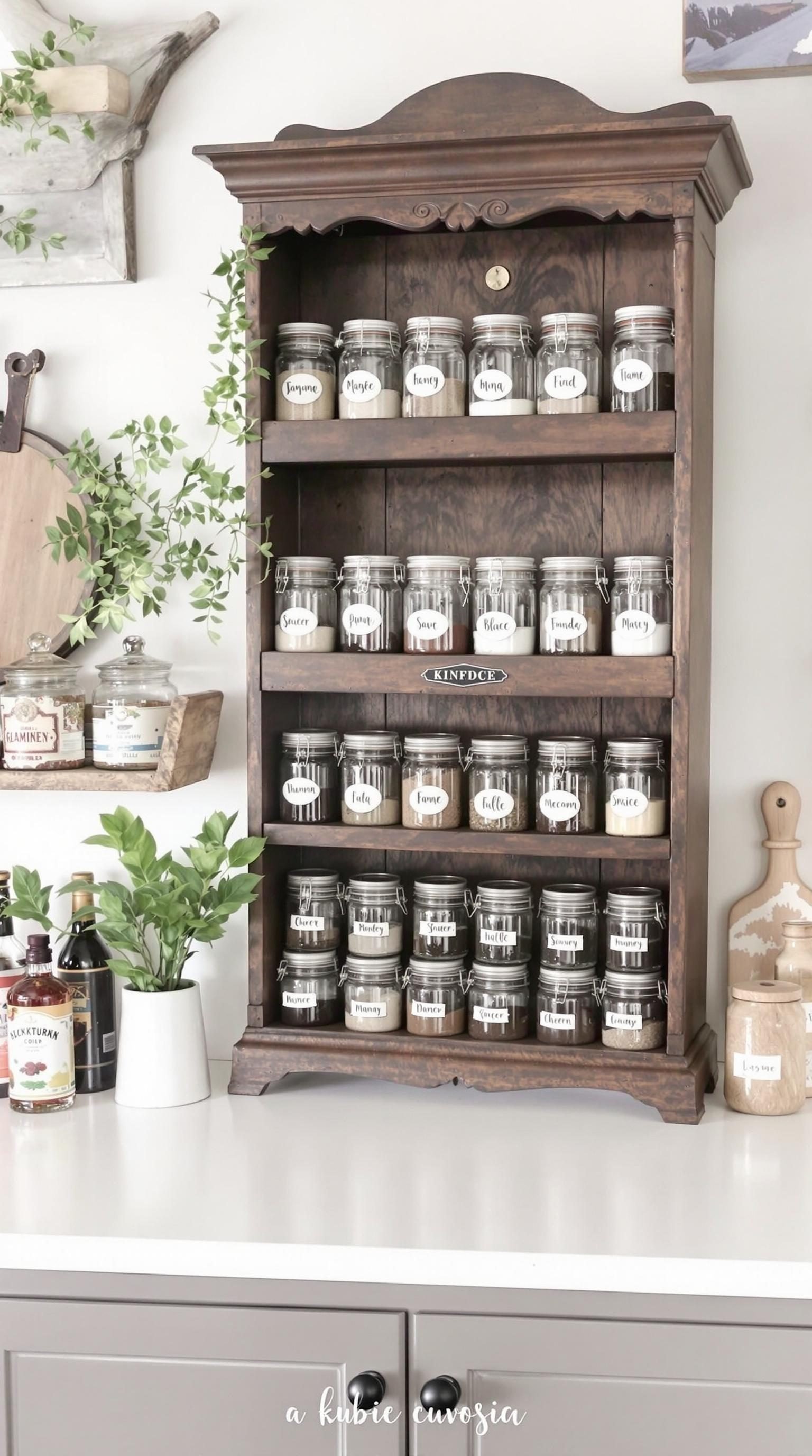 Vintage spice rack with glass jars and labels