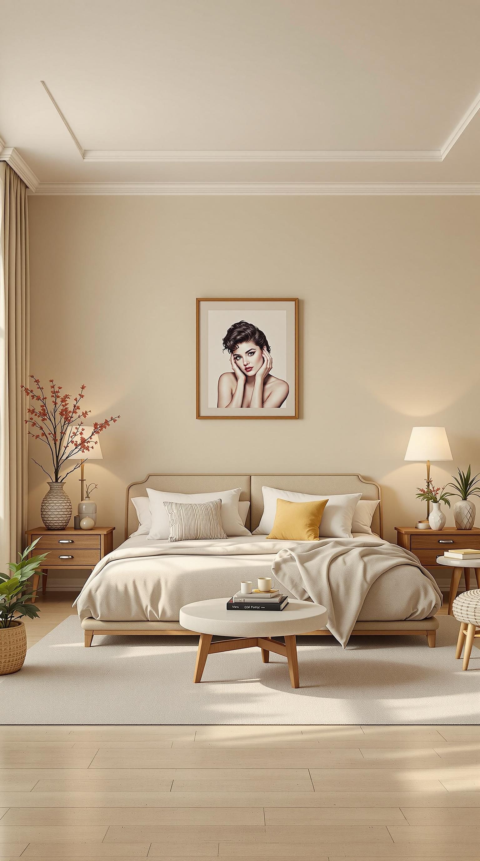 A cozy beige bedroom featuring vintage touches like a framed portrait, plants, and warm lighting.