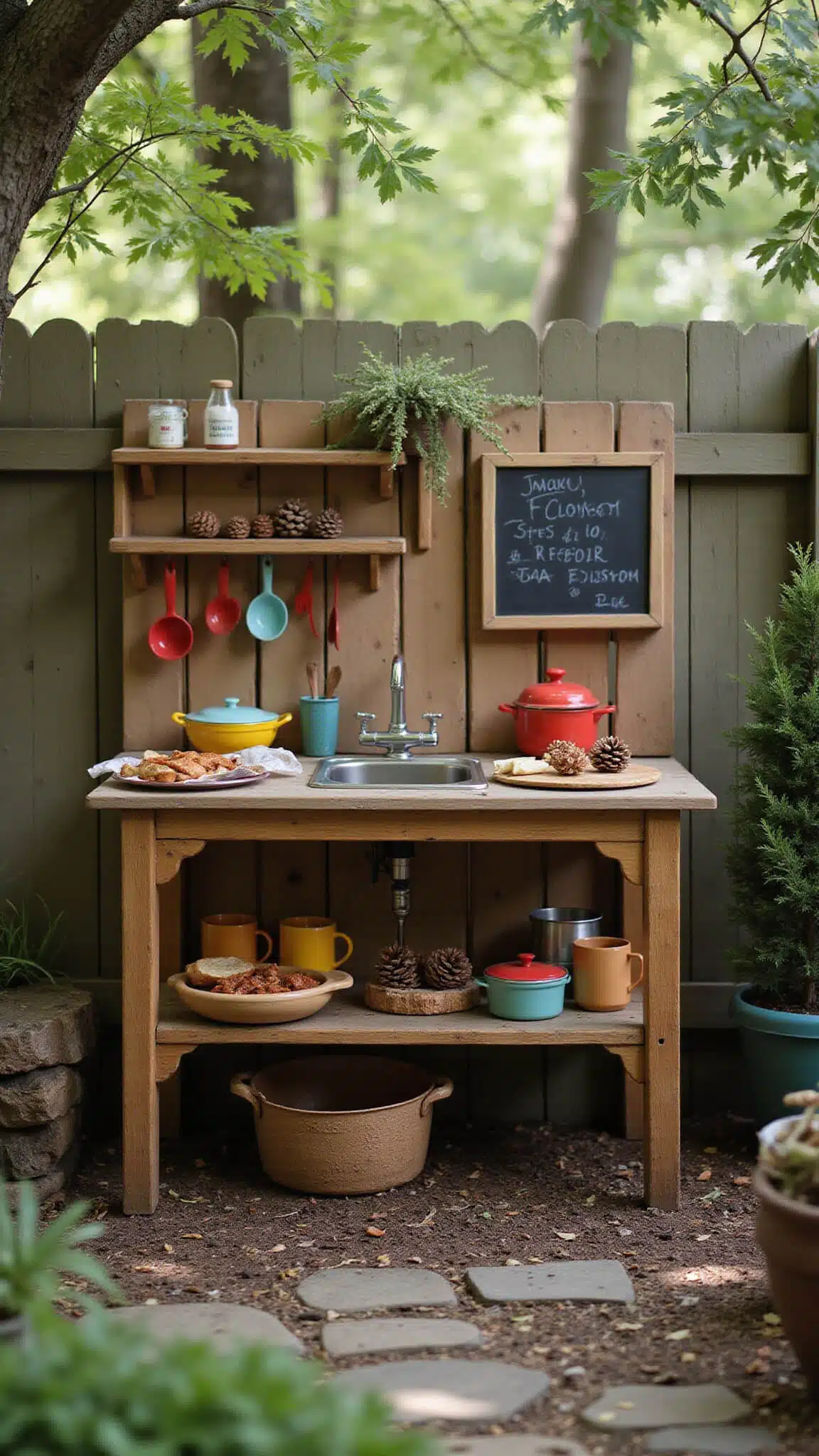 Child’s mud kitchen in a shaded backyard with rustic wooden table, colorful utensils, natural elements, and chalkboard menu, seen from a low angle with soft background blur.