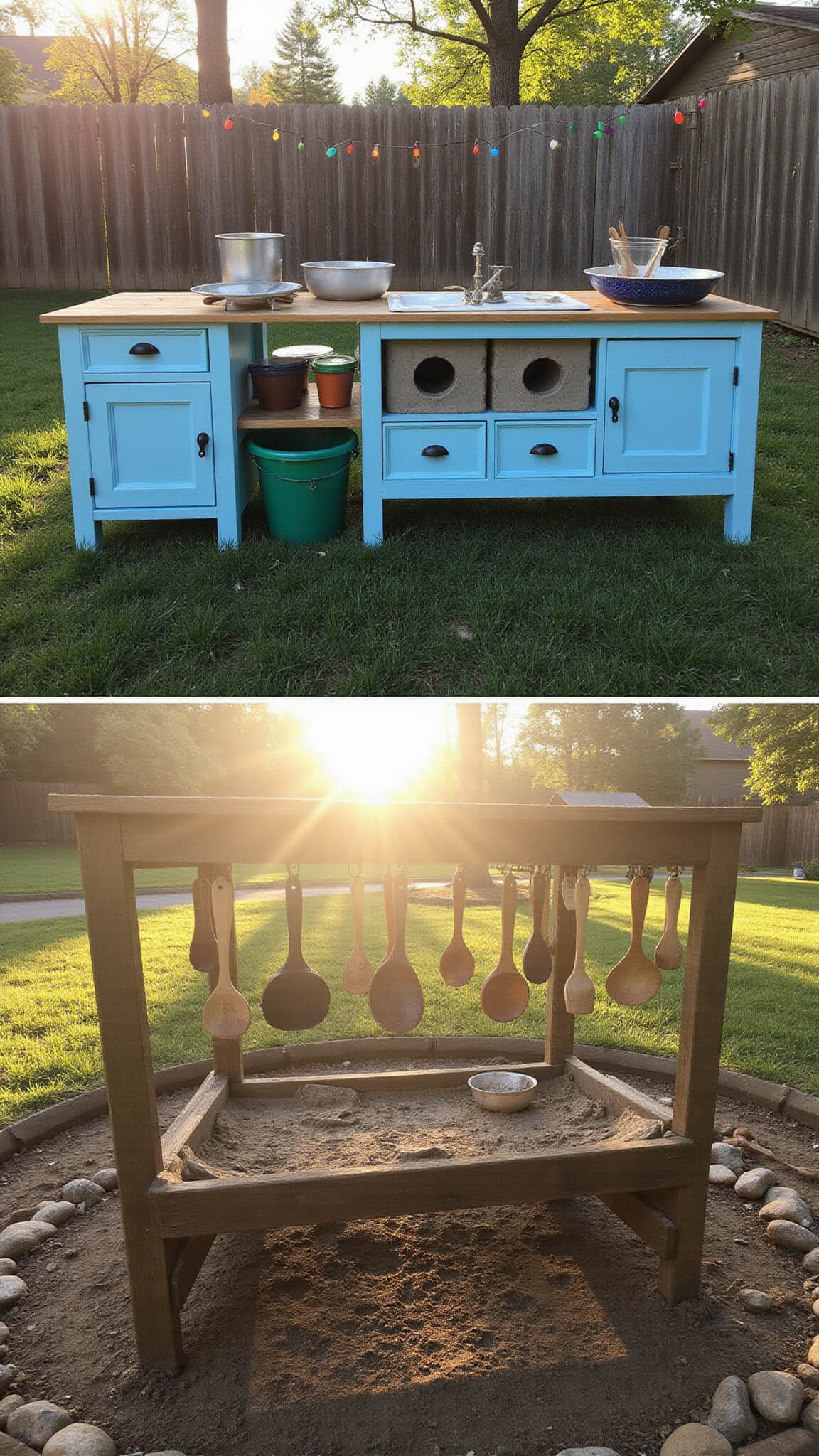 Expansive backyard mud kitchen at golden hour with sky-blue workbench, mixing and washing stations, cinder block stove, hanging utensils, fairy lights, and river rock-lined mud play area.
