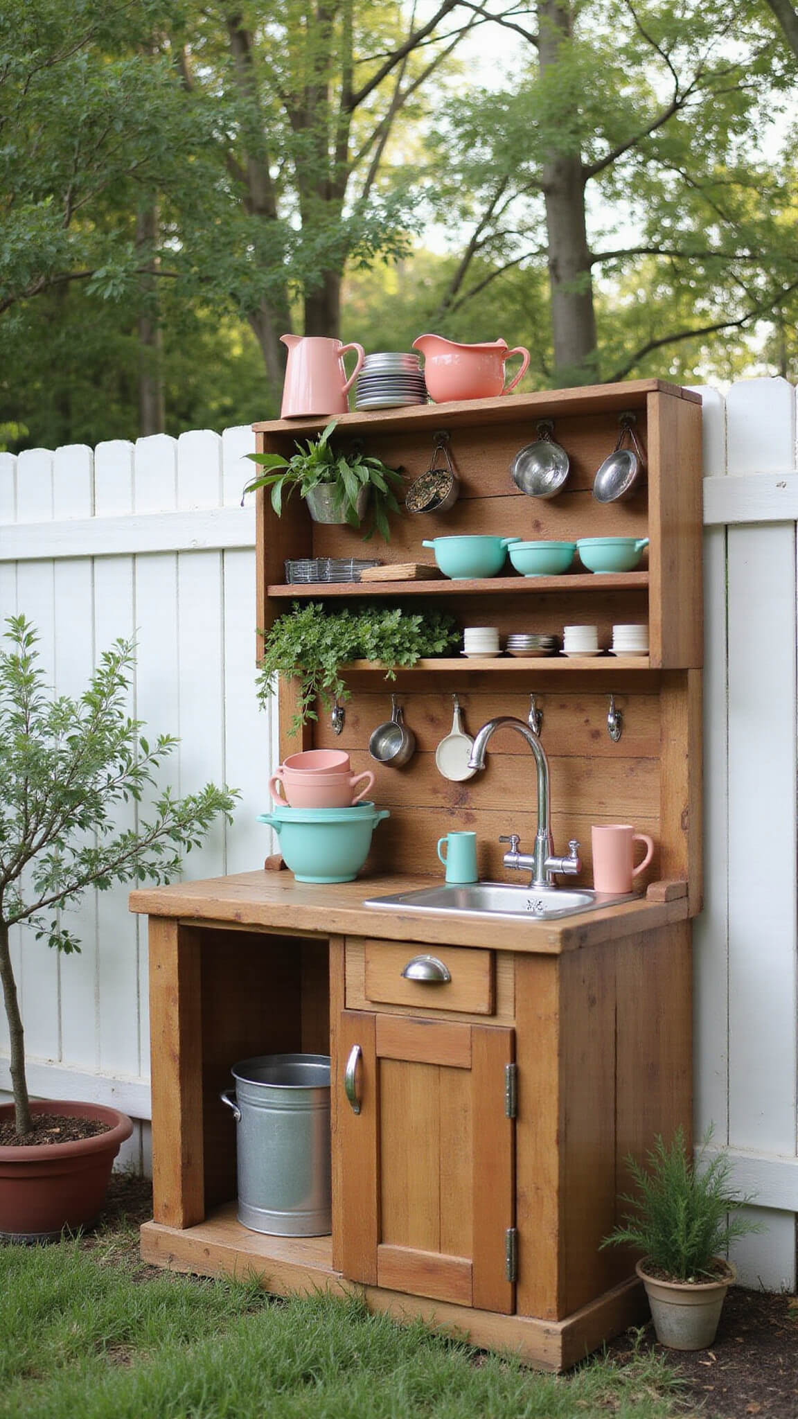 Rustic mud kitchen made from reclaimed pallets with herb garden, vintage utensils, and soft morning light against a white picket fence.