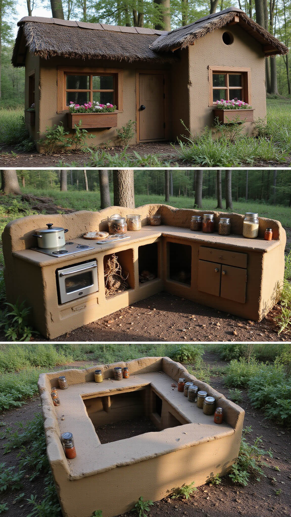 Mud kitchen resembling a tiny cottage with thatched roof, wildflower window boxes, and a U-shaped river stone countertop, set in a wooded area at dusk.