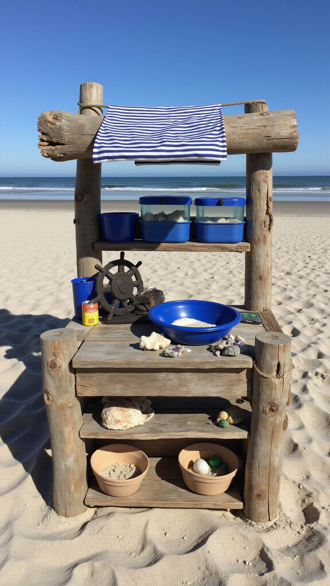 Low-angle view of a nautical-themed beachside mud kitchen made from driftwood, with blue and white awning, sensory play areas, and ocean-themed decorations under bright midday sun.