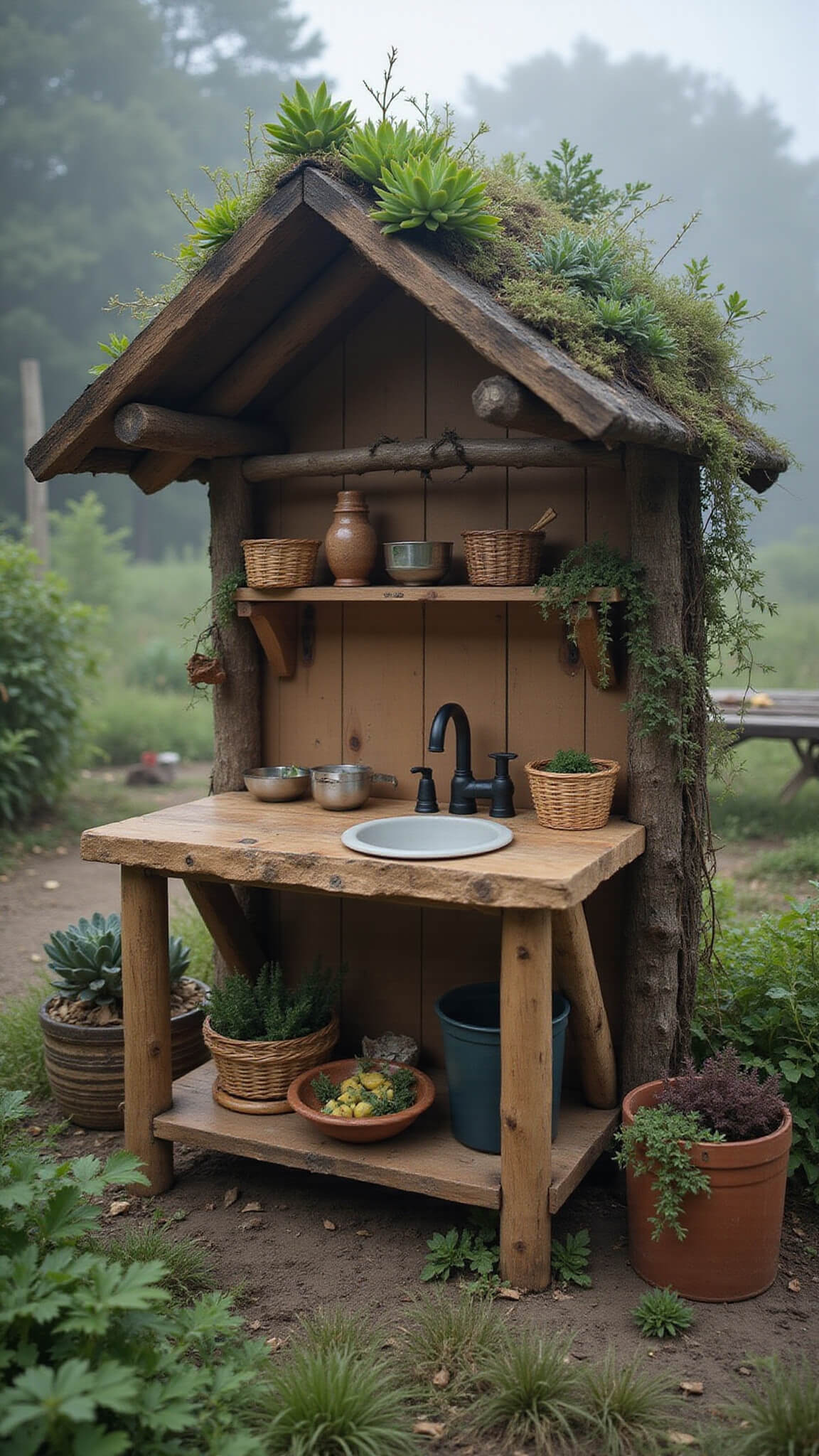 Eco-friendly mud kitchen with living succulent roof and polished wood counters in a misty permaculture garden, featuring natural textures and soft, dreamy lighting.
