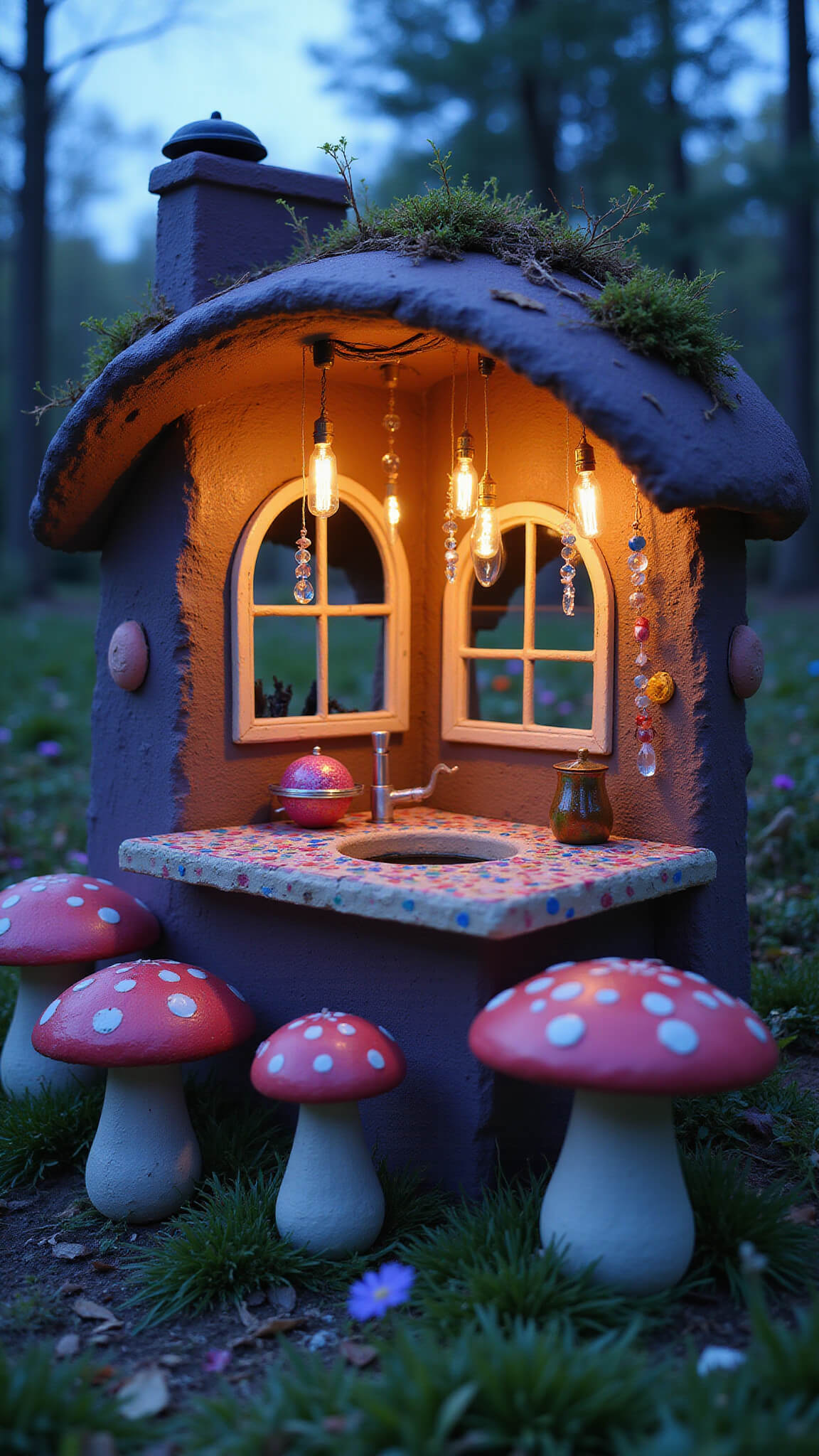 Whimsical fairy-tale mud kitchen in a flower garden at twilight, featuring a curved cottage-like structure with round windows, glowing solar lanterns, mosaic tile countertop, oversized toadstool seats, and twinkling fairy lights.