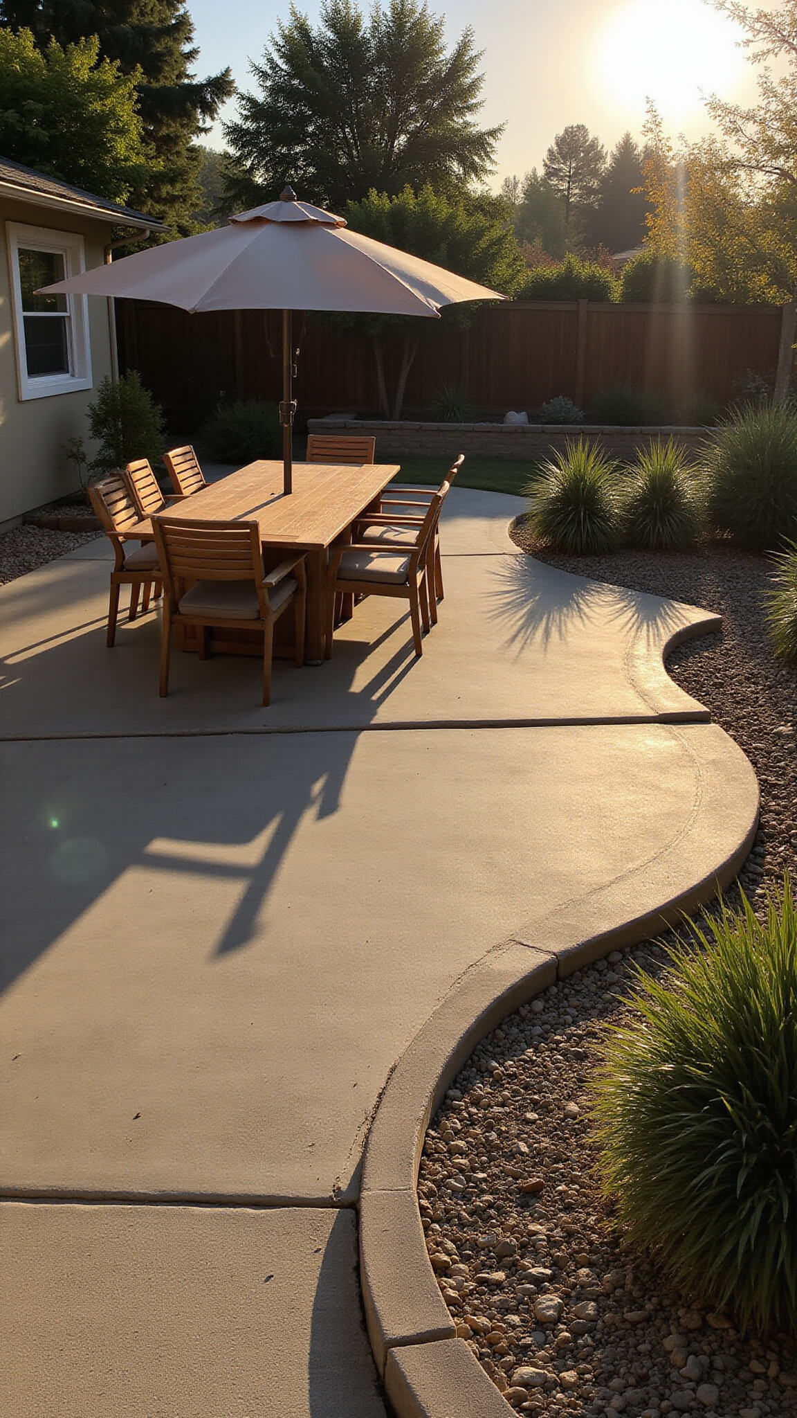 A golden hour view of a spacious backyard with a concrete patio, pea gravel paths, teak dining set under a cantilever umbrella, and a raised bed of ornamental grasses, all bathed in warm sunset light.