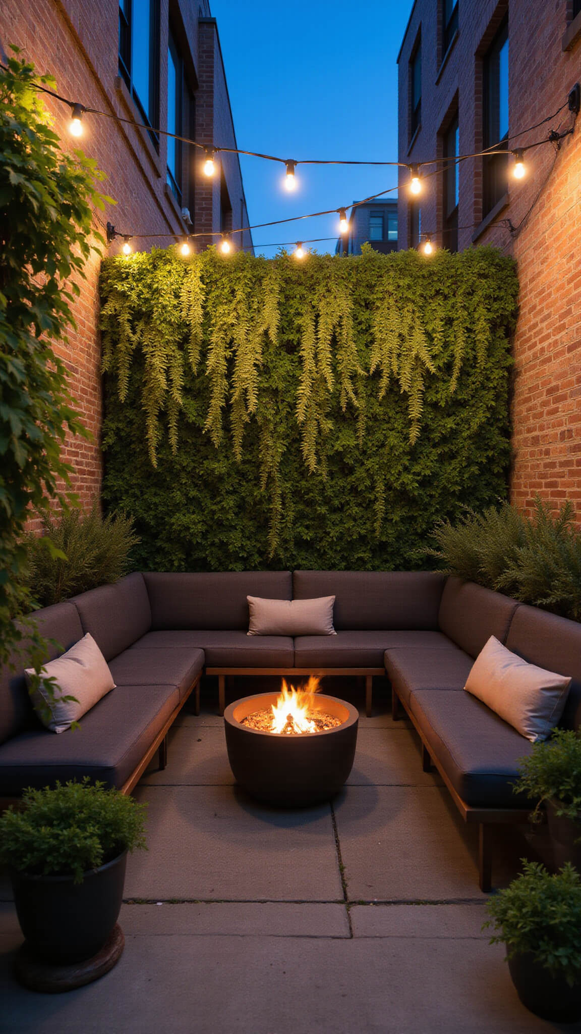 Cozy urban courtyard at dusk with living wall, fire pit, string lights, and built-in bench seating.