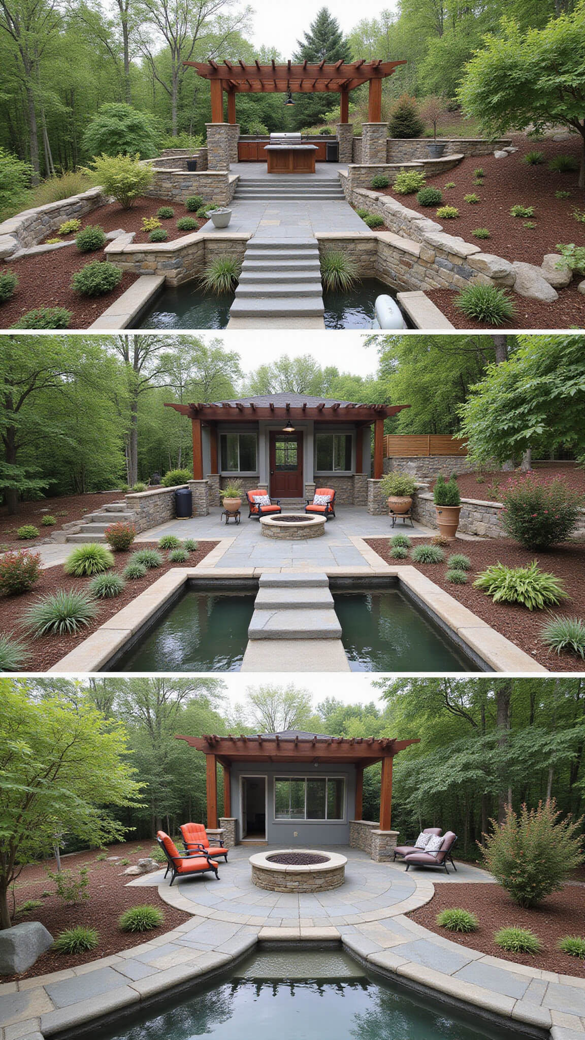 Terraced backyard with three levels featuring pergola-covered outdoor kitchen, fire pit with seating, and reflective pond, surrounded by native plants and stone steps.