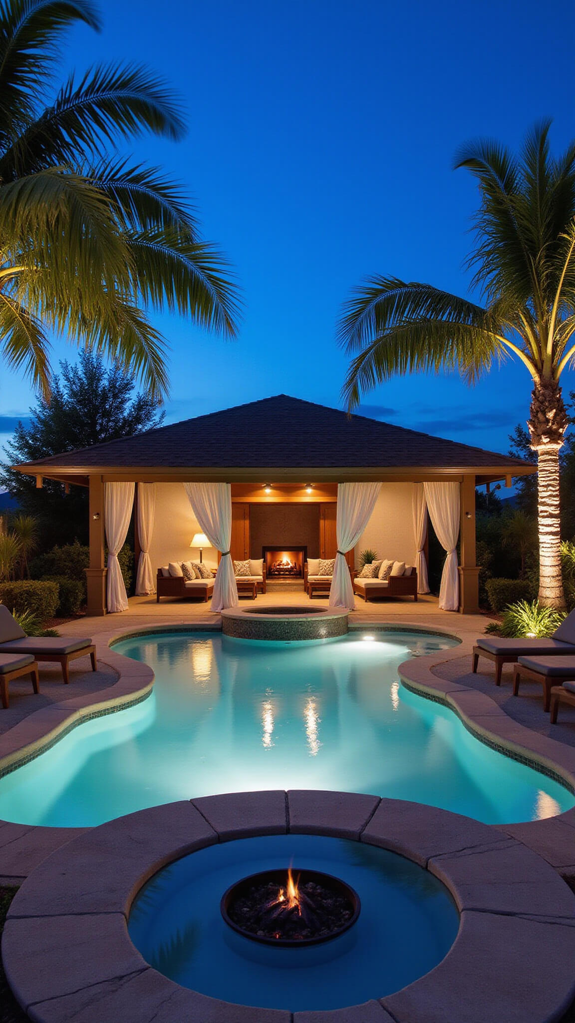 Luxurious twilight poolside retreat with infinity pool, cabana, teak loungers, fire pit, and tropical landscaping illuminated by ambient lighting.