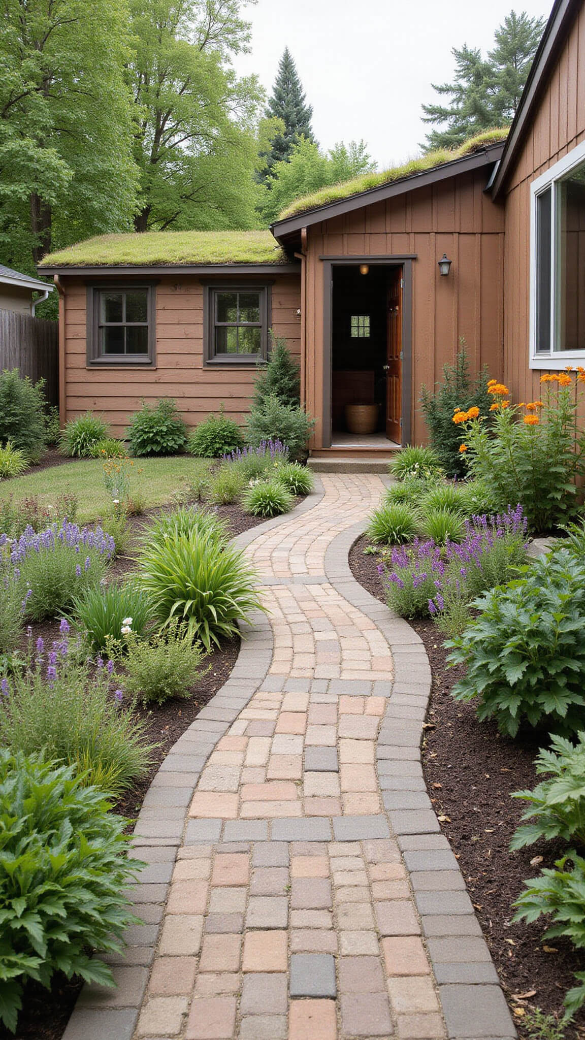 Eco-friendly backyard oasis with permeable herringbone paving, green-roofed shed, rainwater-fed tiered vegetable gardens, and wildflower-filled side yard under bright midday sun.
