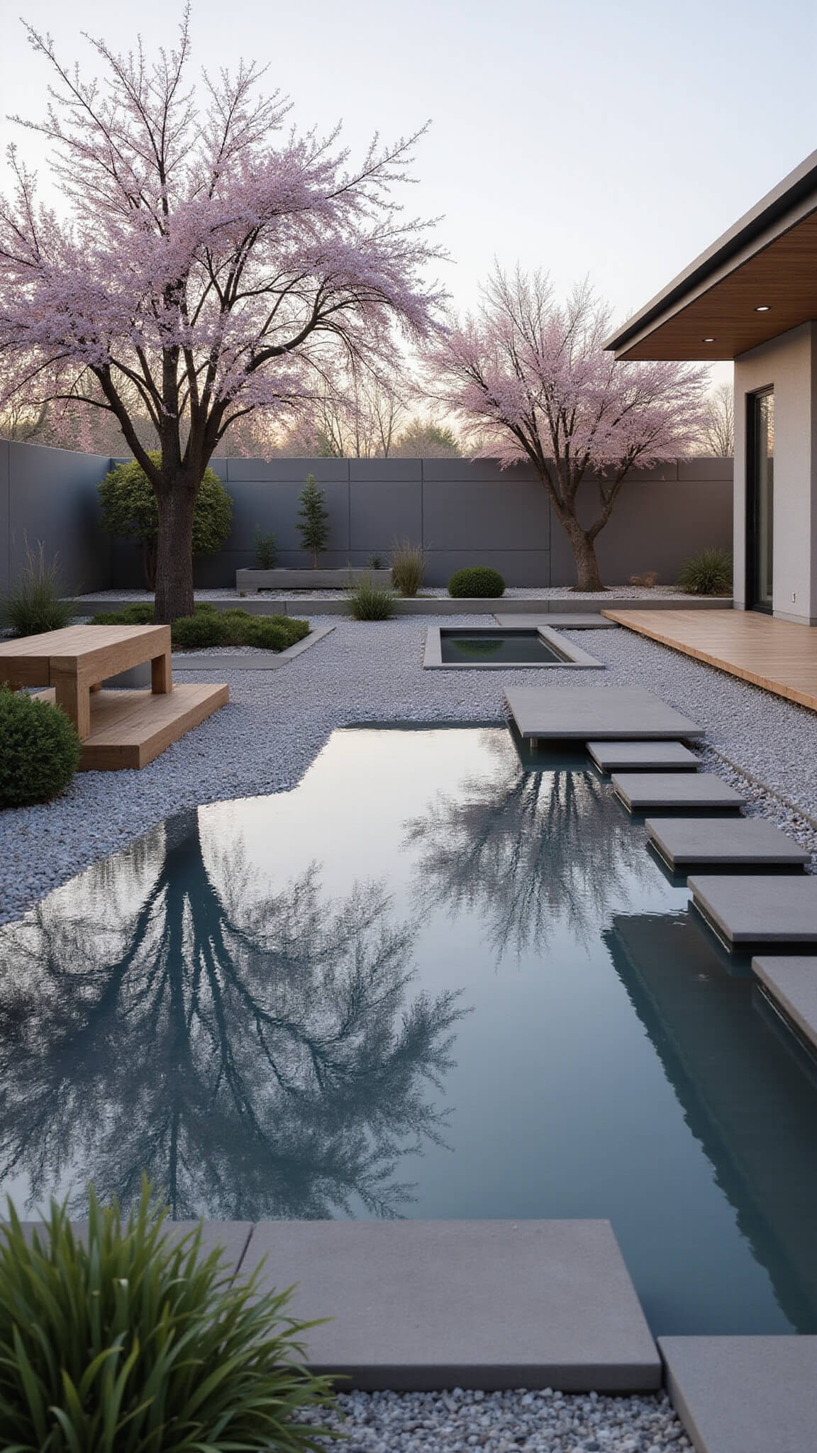 Contemporary zen garden at dawn with koi pond, floating concrete steppers, weeping cherry tree, raked gravel, and low teak benches in soft, serene lighting.