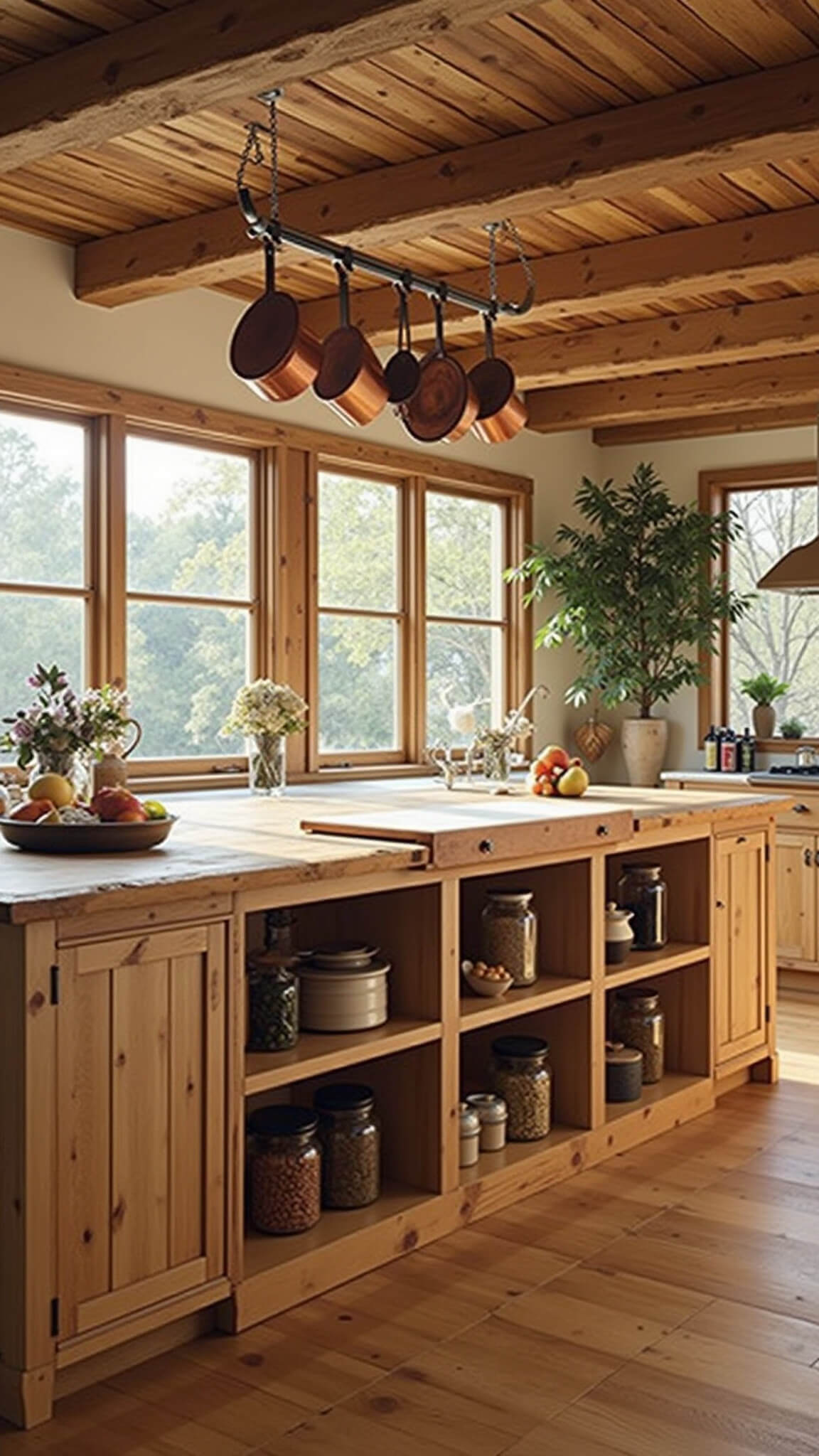 Rustic farmhouse kitchen with hickory cabinets, butcher block island, and copper pots in warm morning light.