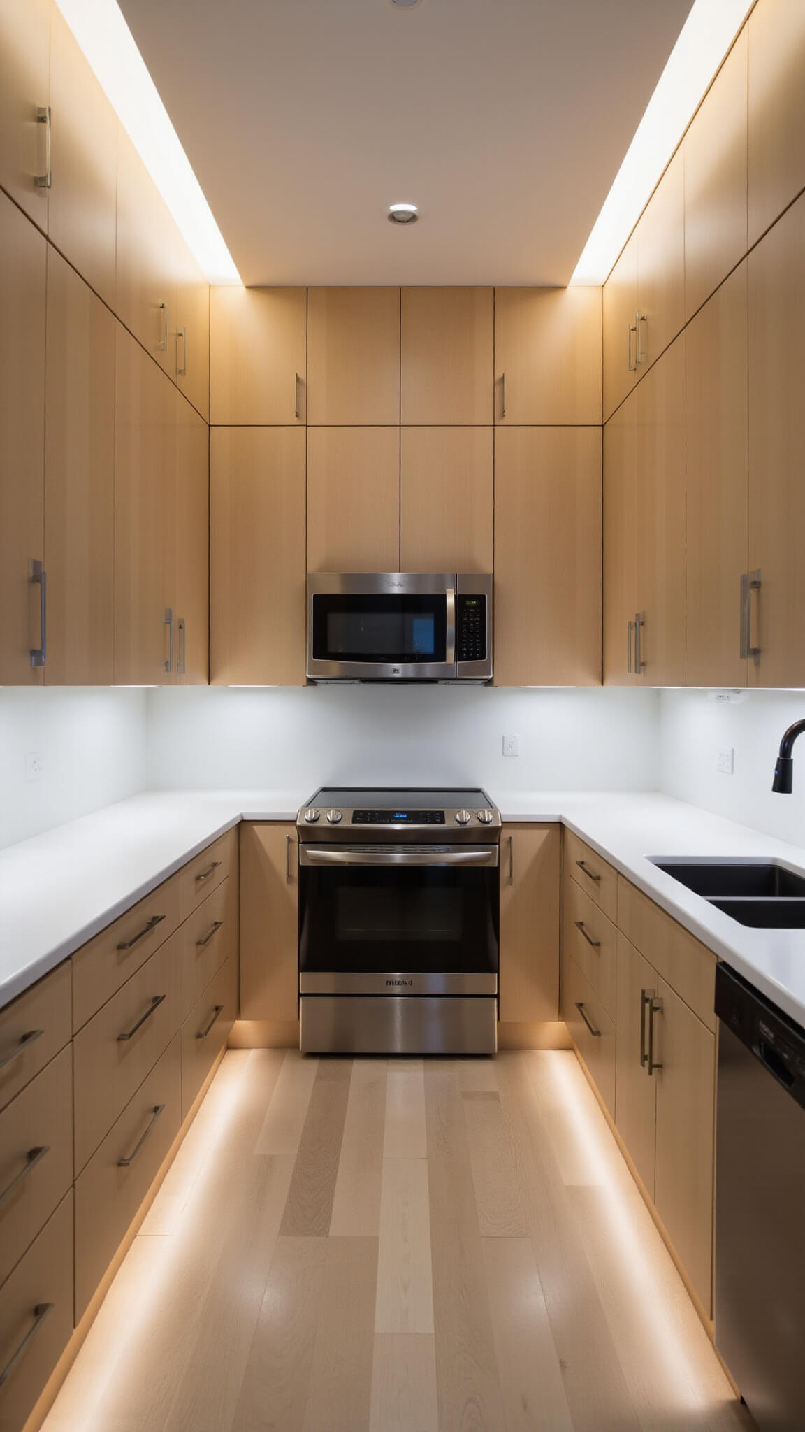 Ultra-modern 10x12ft galley kitchen with pale honey hickory cabinets, matte black hardware and appliances, white quartz countertops, and LED under-cabinet lighting.