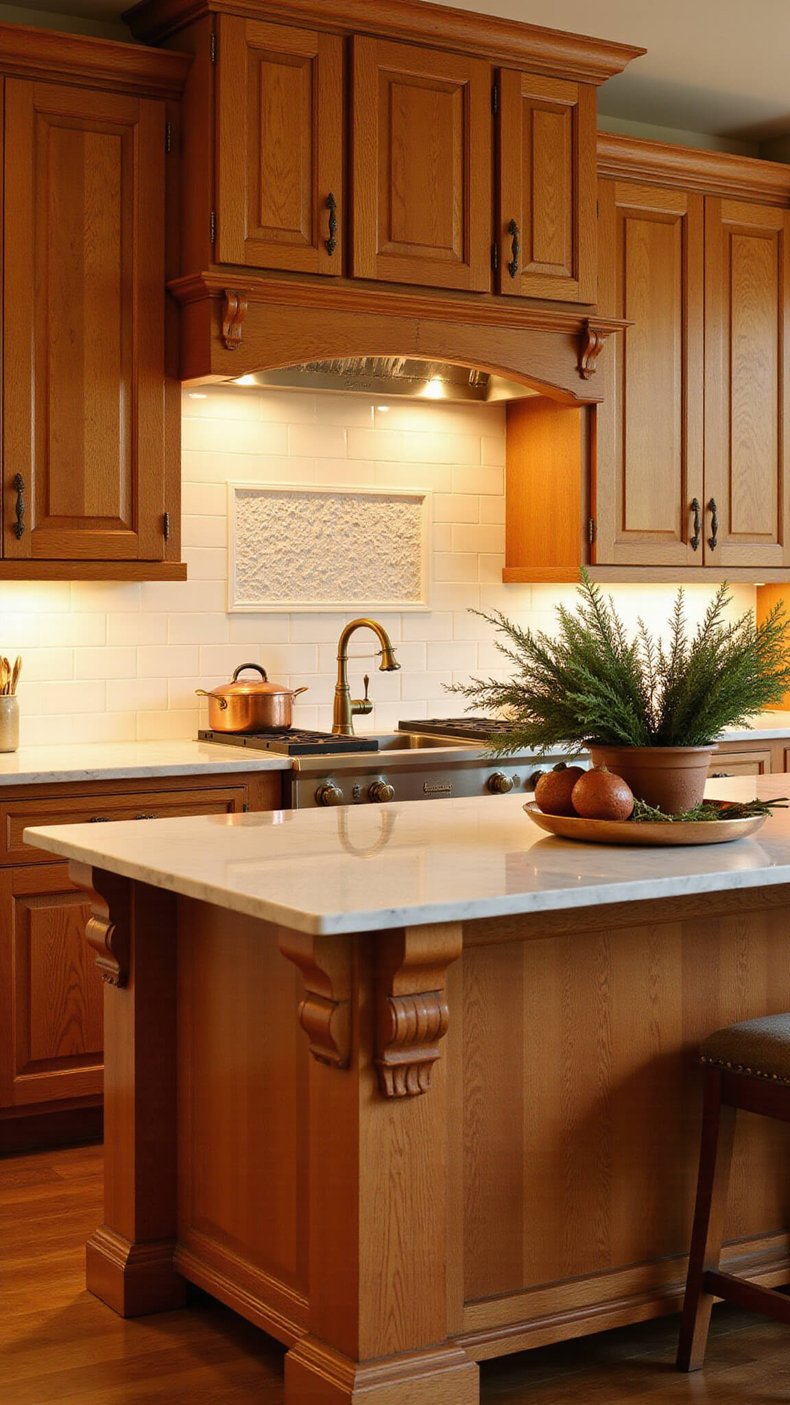 Warm, golden-hour kitchen with hickory shaker cabinets, farmhouse sink, brass fixtures, marble island, and copper cookware.