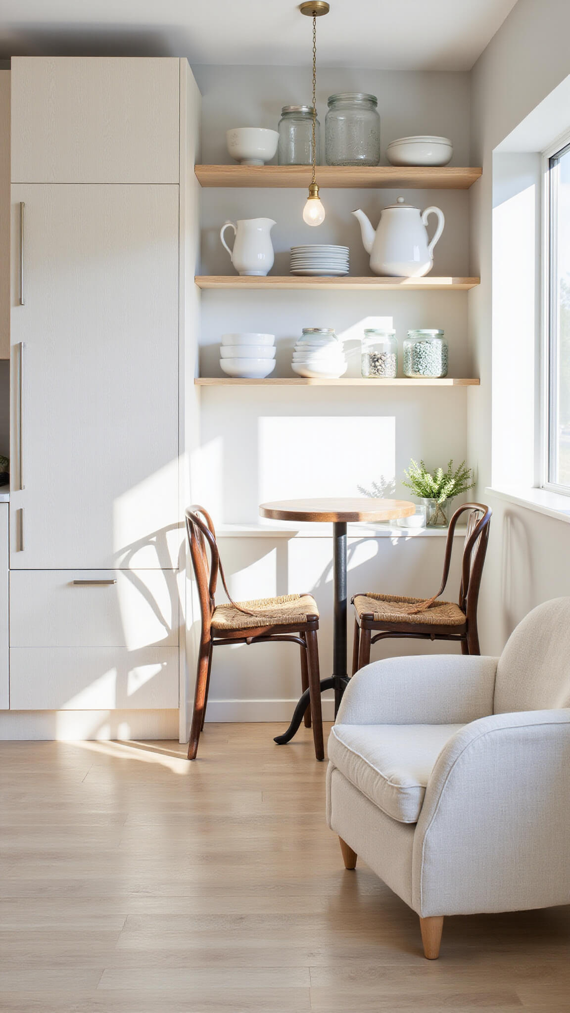 Compact 8x10ft kitchen nook with whitewashed hickory cabinets, open shelving with white ceramics, and a small breakfast table under a modern pendant light in bright morning light.