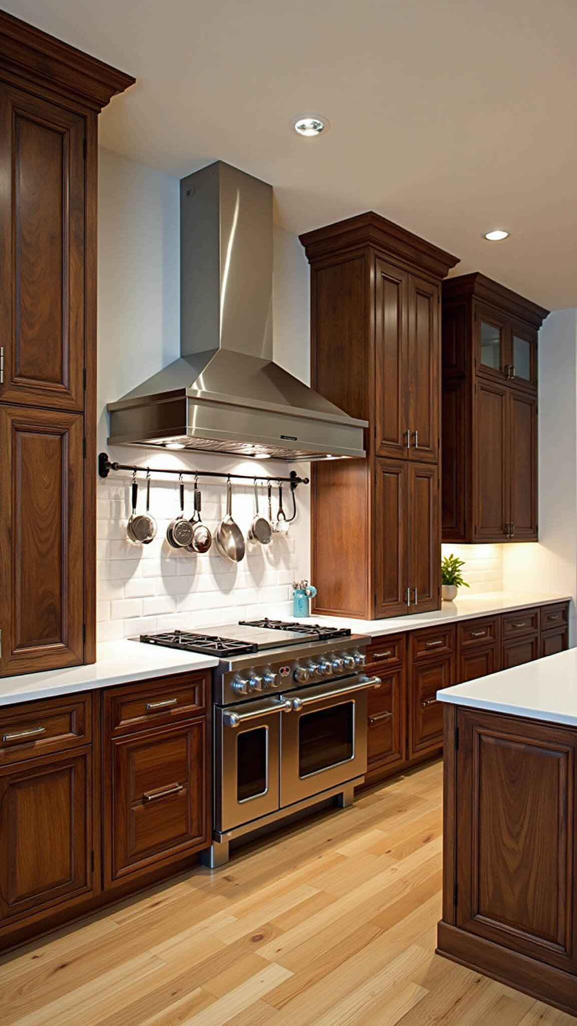 Spacious 18x20ft chef's kitchen with dark hickory cabinets, stainless steel appliances, white tile backsplash, large island with cooktop and sink, and dramatic lighting.