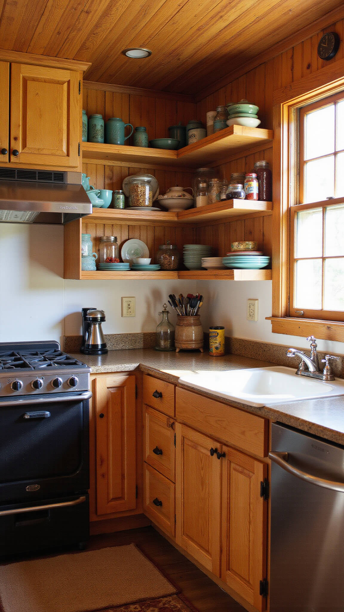 Cozy 10x12ft cottage kitchen with honey-toned distressed hickory cabinets, vintage dishware on open shelves, and a wood-burning stove in warm late afternoon light.