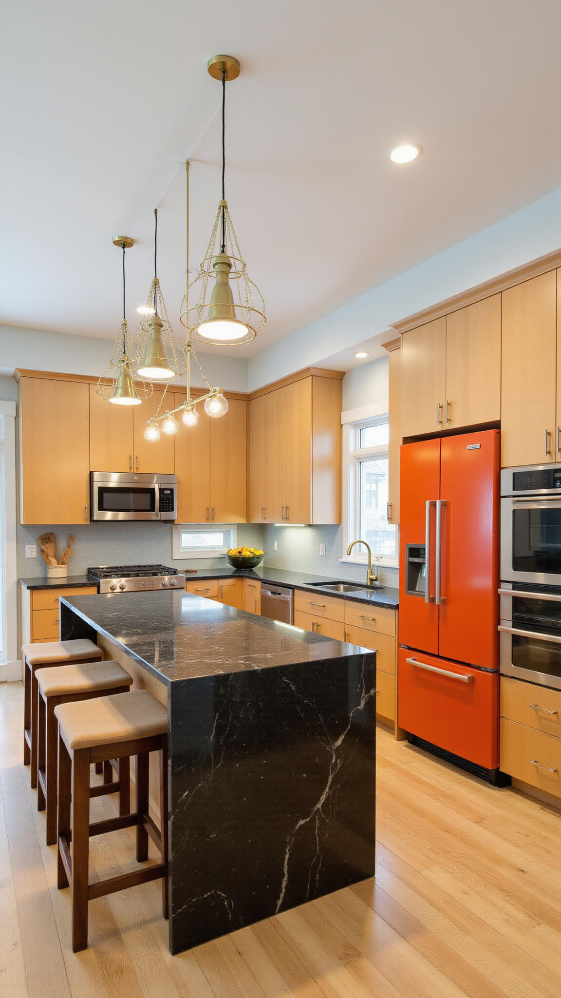 Mid-century modern kitchen with hickory cabinets, black granite waterfall island, colorful appliances, walnut bar stools, brass hardware, and geometric pendant lighting.