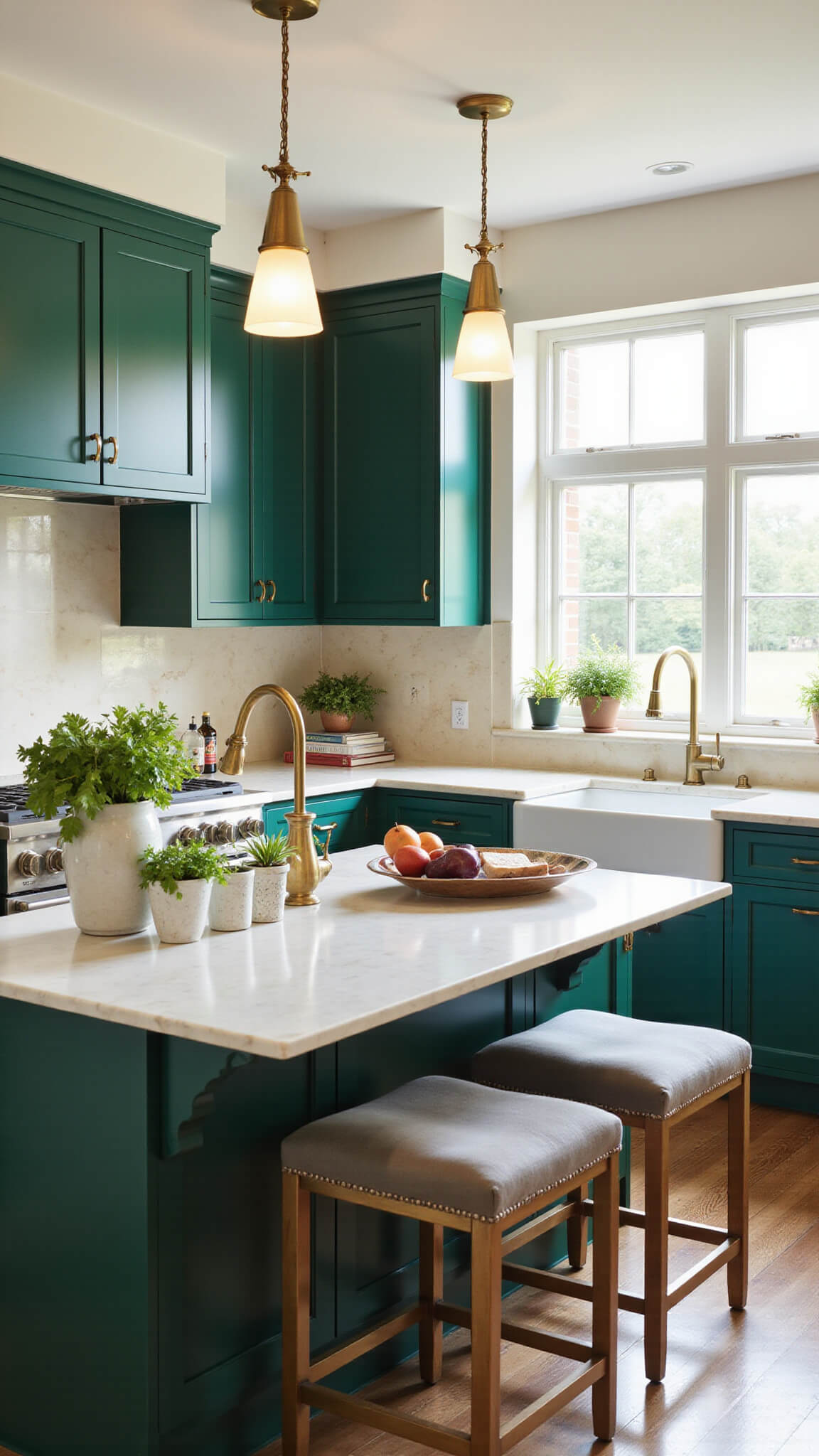 Luxurious emerald green shaker-style kitchen with brass accents, marble countertops, and a central island, bathed in warm afternoon sunlight.