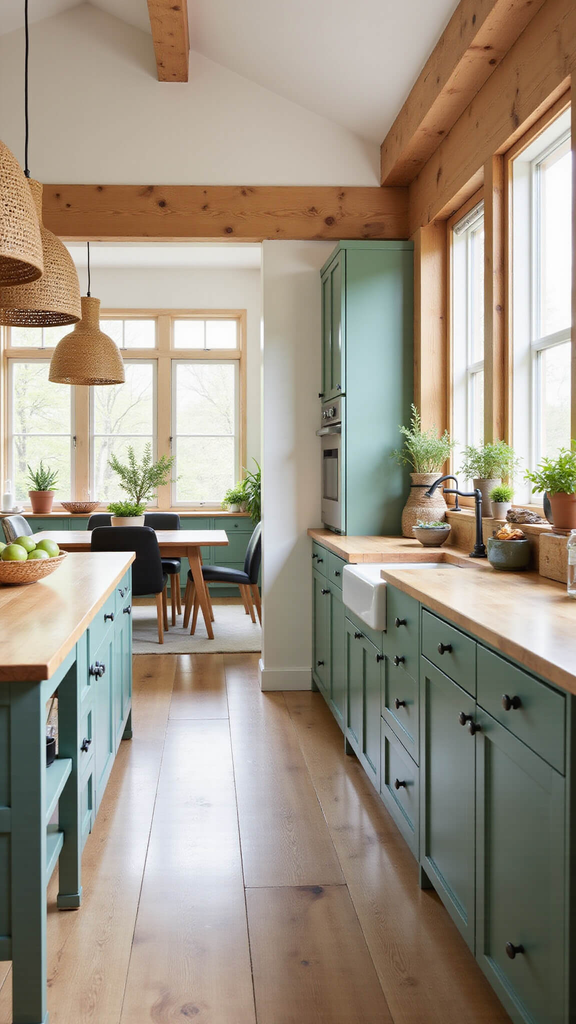 Open-concept kitchen-dining area with vaulted ceilings, emerald green cabinets, oak floors, butcher block countertops, and natural morning light streaming through floor-to-ceiling windows.
