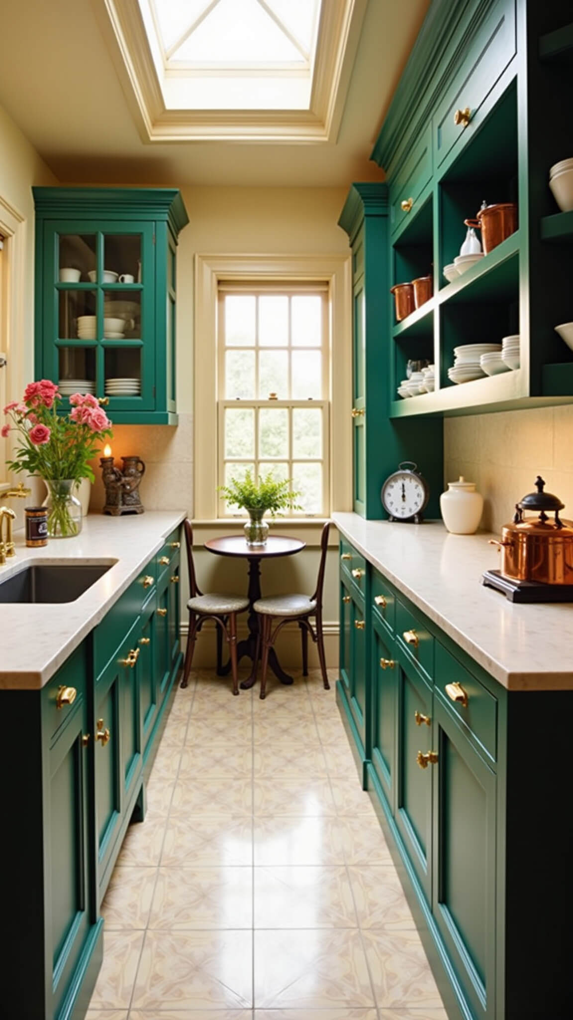 Cozy 10x12ft galley kitchen with emerald green cabinets, cream quartz countertops, gold accents, patterned tile floor, and bistro table under evening skylight.