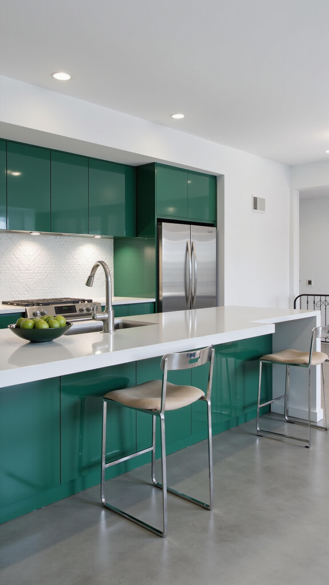 Modern 15x18ft kitchen with emerald green glossy cabinets, white quartz waterfall island, polished concrete floors, and stainless steel appliances under cool recessed lighting.