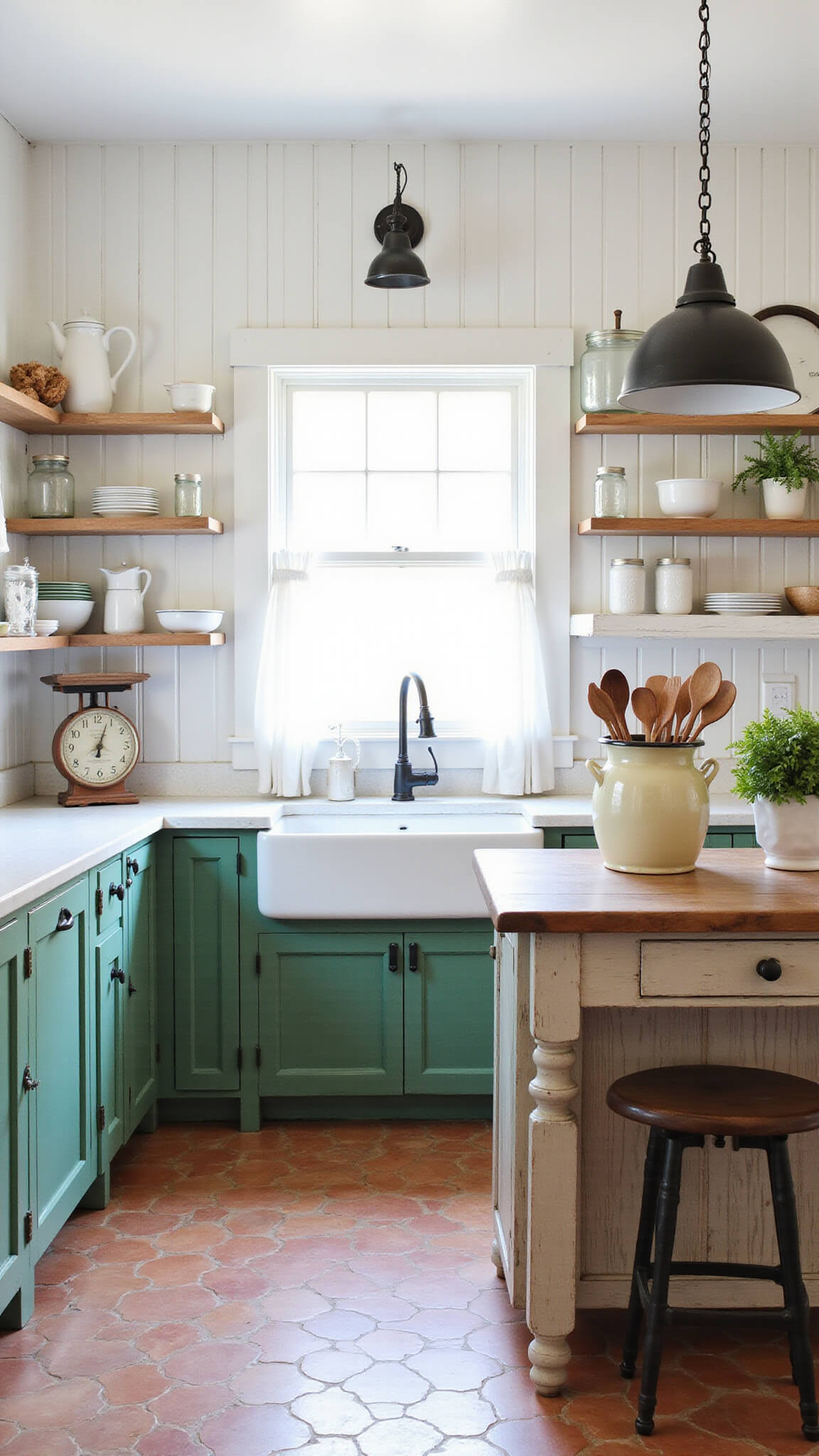 Farmhouse kitchen with emerald beadboard cabinets, white countertops, terracotta tile floor, vintage decor, and sunlight streaming through cafe-curtained window.
