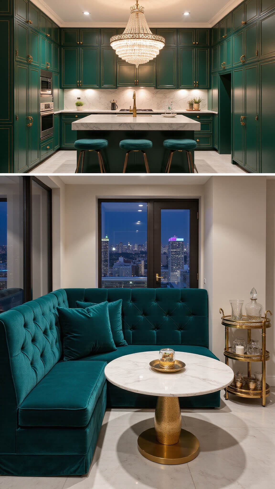 Luxurious emerald and gold kitchen-lounge at twilight with marble finishes, velvet banquette, chandelier, and city views.