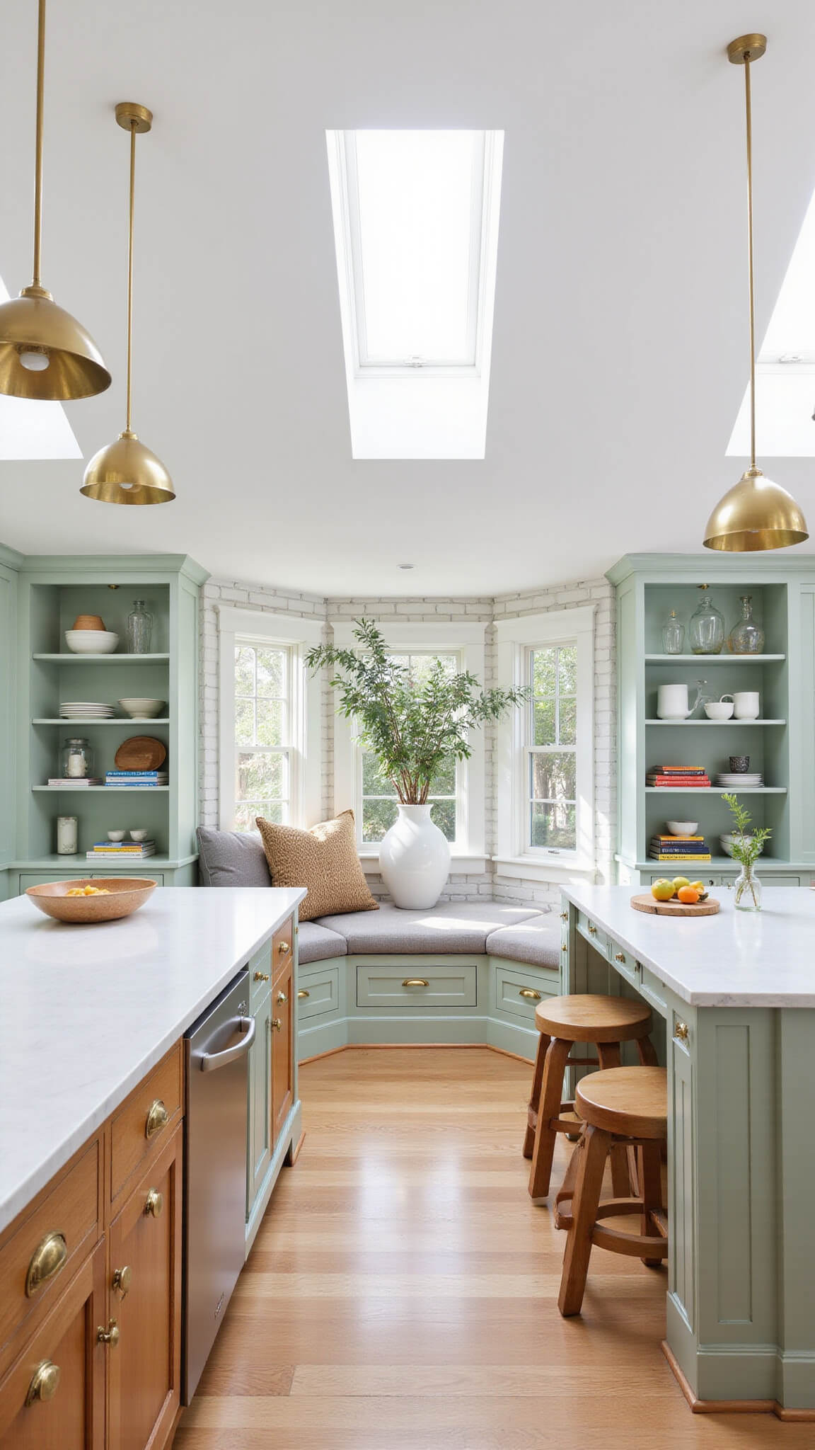 Bright, airy kitchen with sage green Shaker cabinets, central oak island, brass pendant lights, and cozy breakfast nook with natural light from skylights.