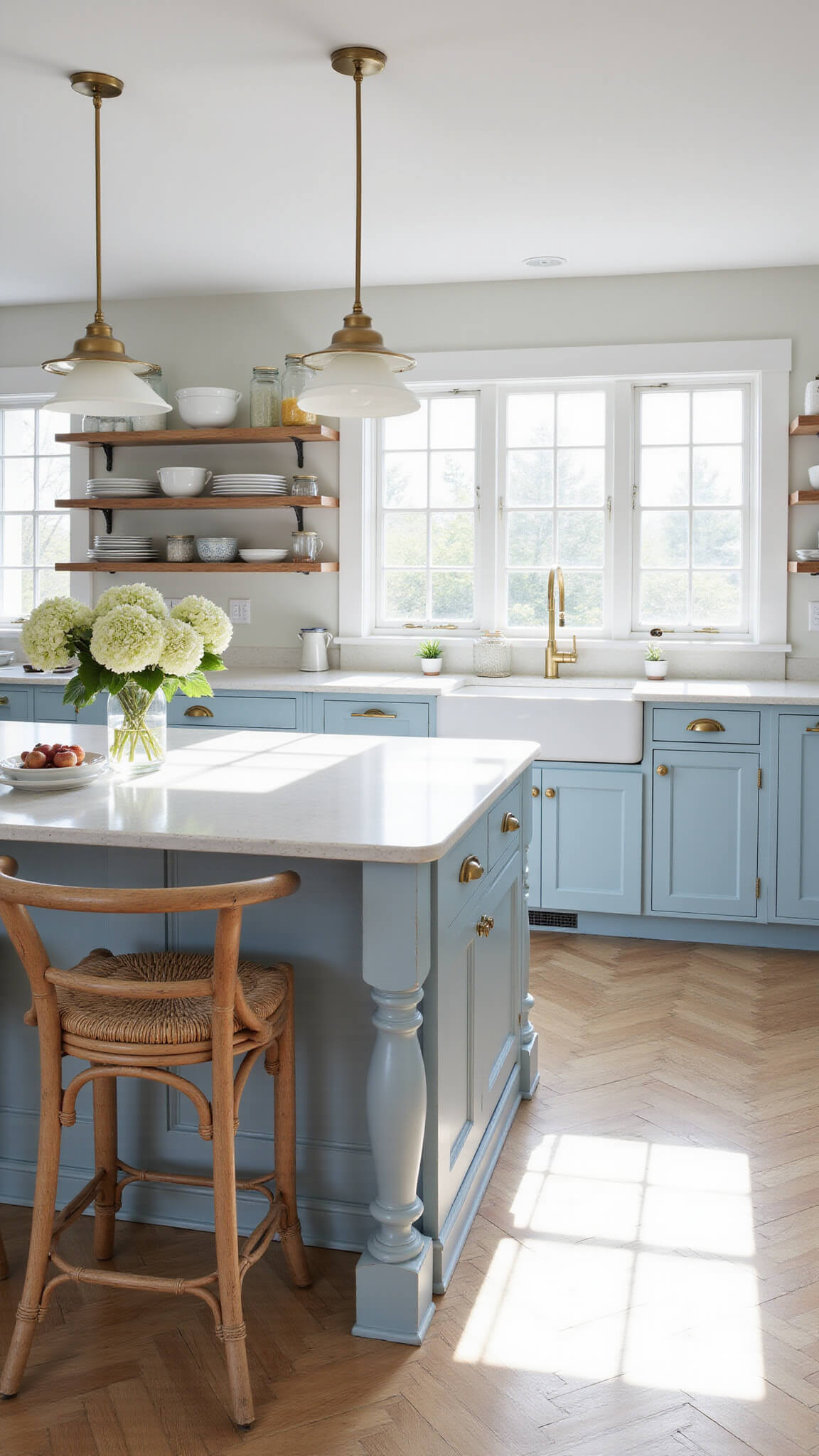 Coastal kitchen with powder blue cabinets, white countertops, wood island with flowers, rattan stools, brass accents, and morning light streaming through large windows.