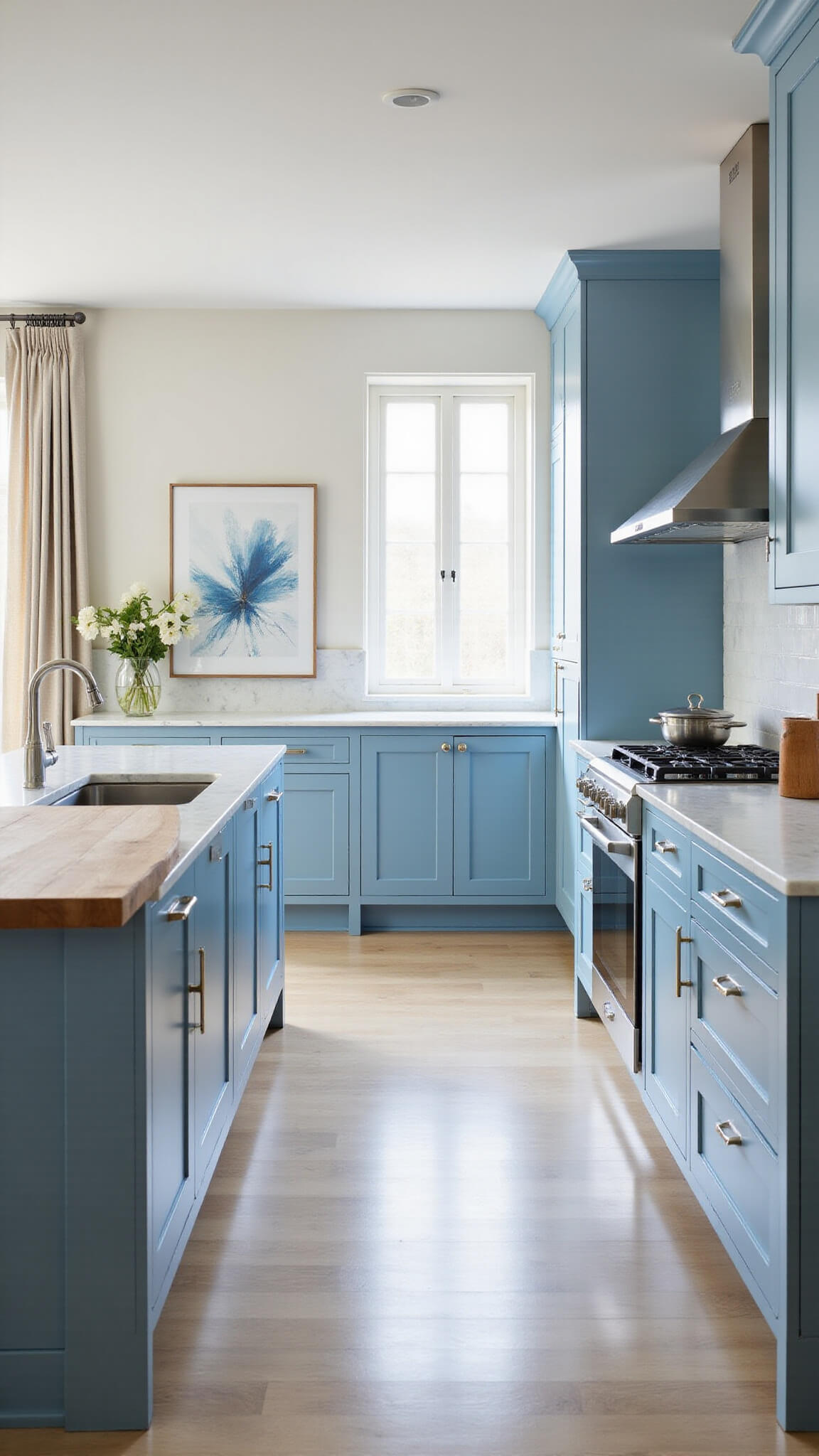 Elegant galley kitchen with powder blue cabinets, marble backsplash, narrow butcher block island, and soft afternoon light filtering through linen curtains.