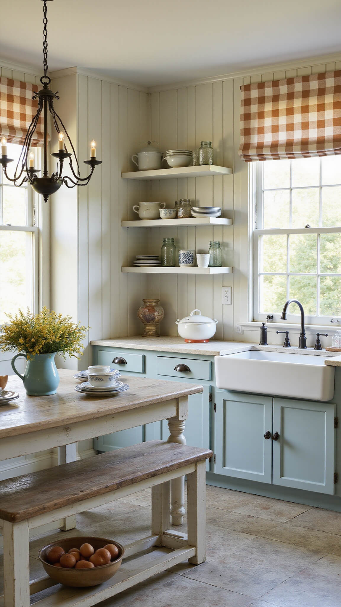 Farmhouse kitchen with powder blue cabinets, gingham curtains, a white oak table set with vintage china, and golden hour light highlighting rustic details.