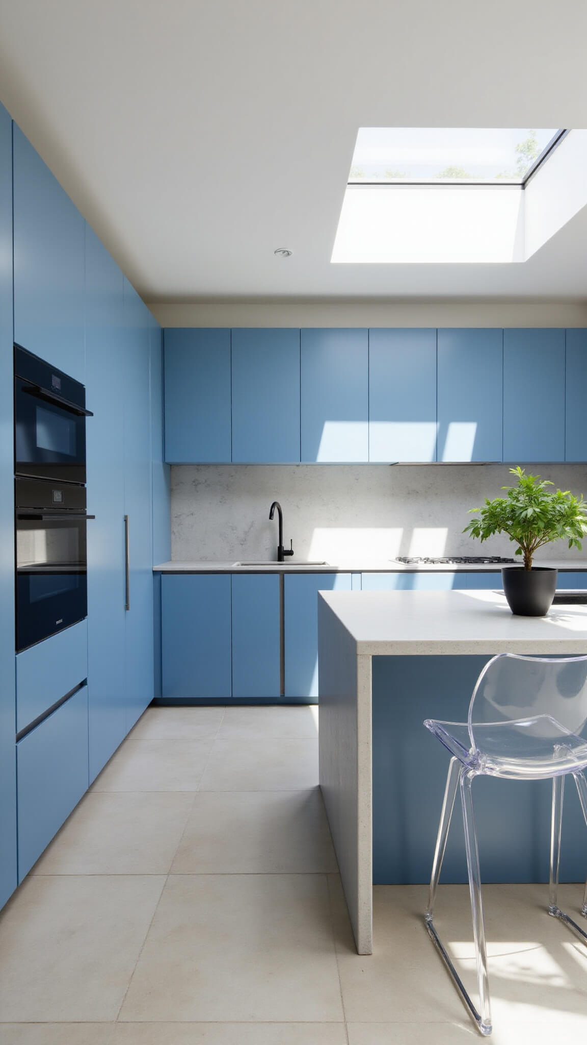 Modern minimalist kitchen with powder blue cabinets, pale gray concrete waterfall island, matte black fixtures, and skylight casting shadows.